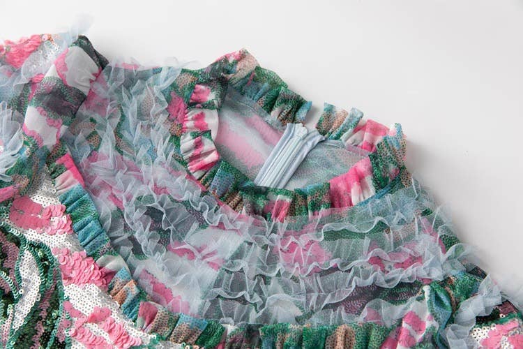 Hand-Printed Lotus Leaf Lace Dress with Sequin and Beaded Detail