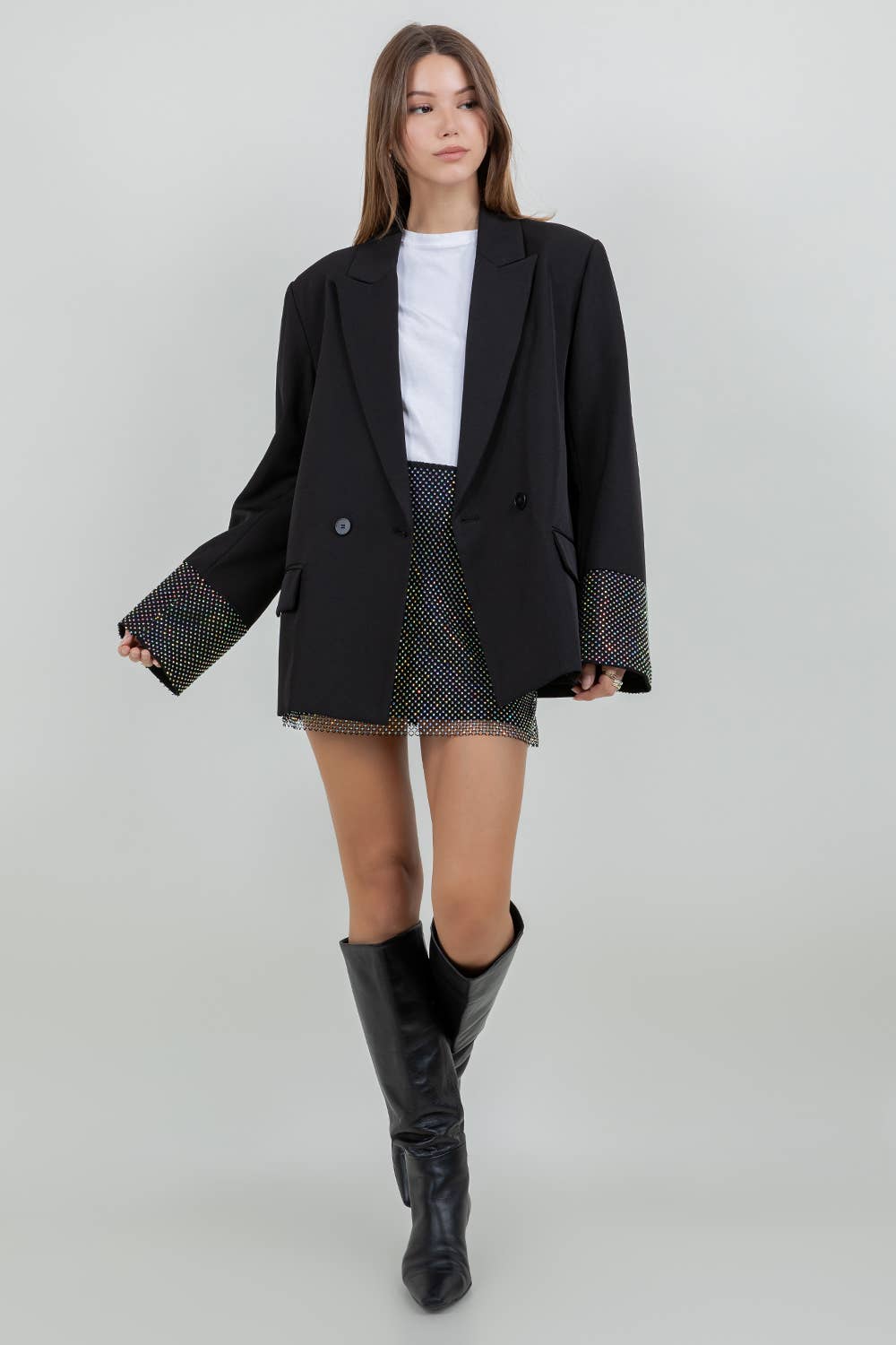 BLAZER WITH CONTRAST RHINESTONE SLEEVES