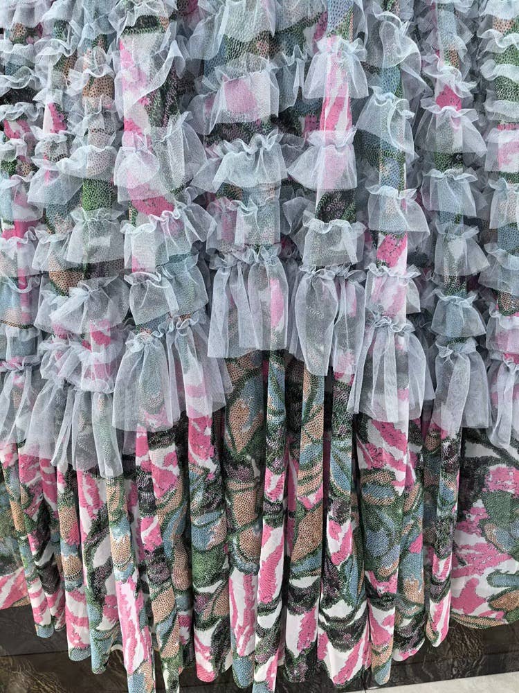 Hand-Printed Lotus Leaf Lace Dress with Sequin and Beaded Detail
