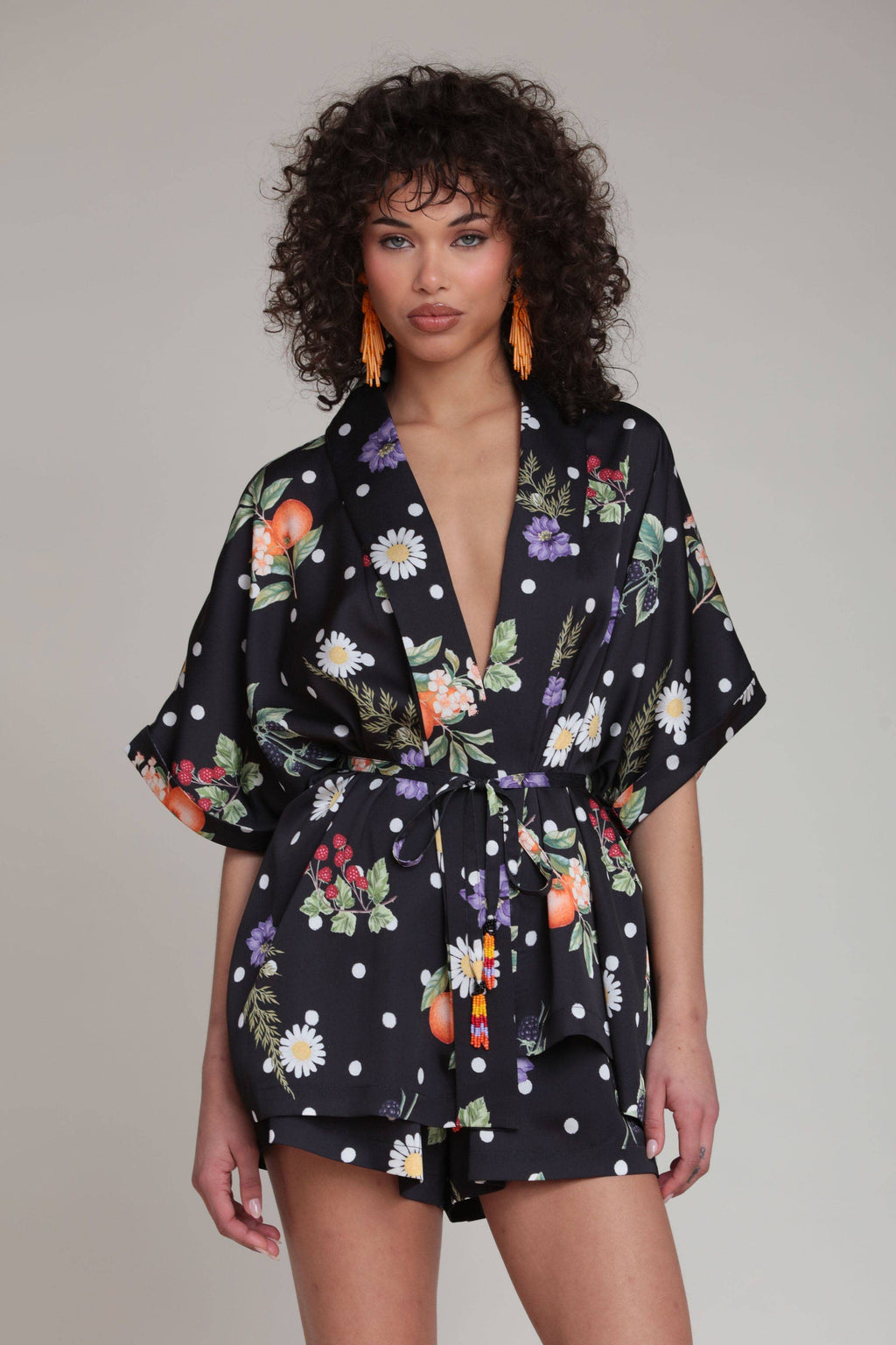 Floral Polka Dot Satin Kimono Top and Short Set: Black Scattered Botanical