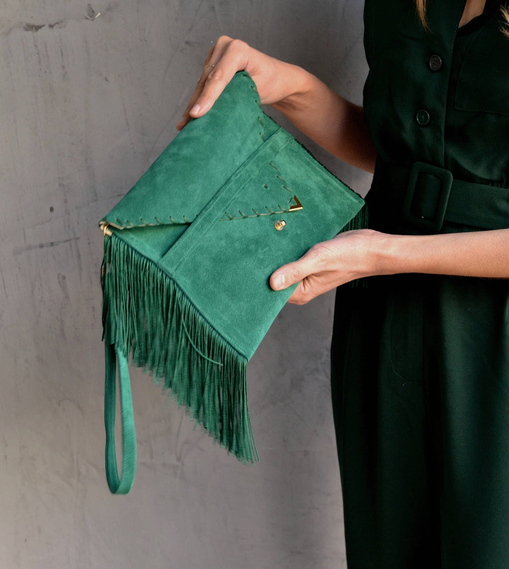 Medusa Clutch In Esmerald With Silk Fringe And  Silver Hardware