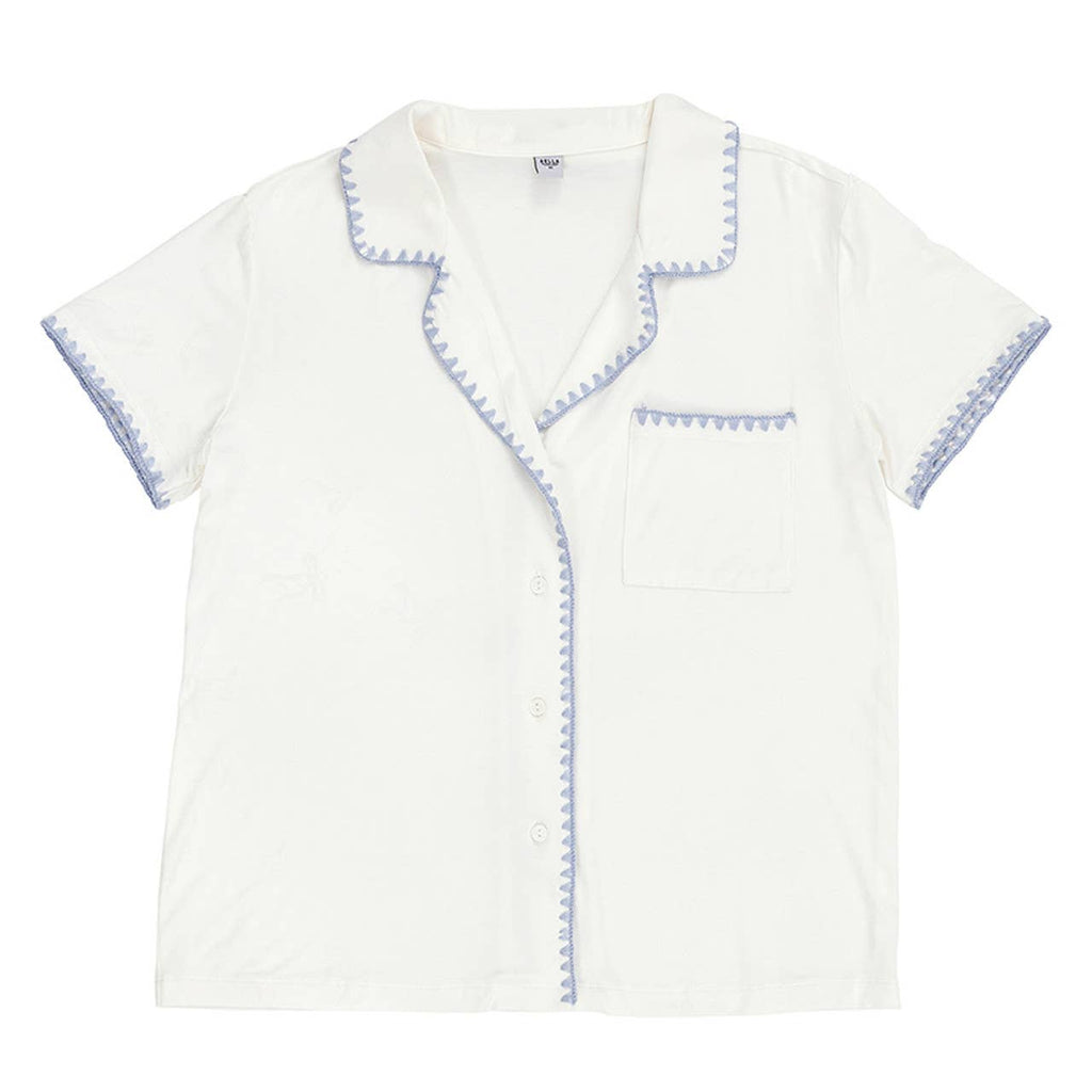 Short Bamboo PJ Set - White + Spa Blue Whip Stitch