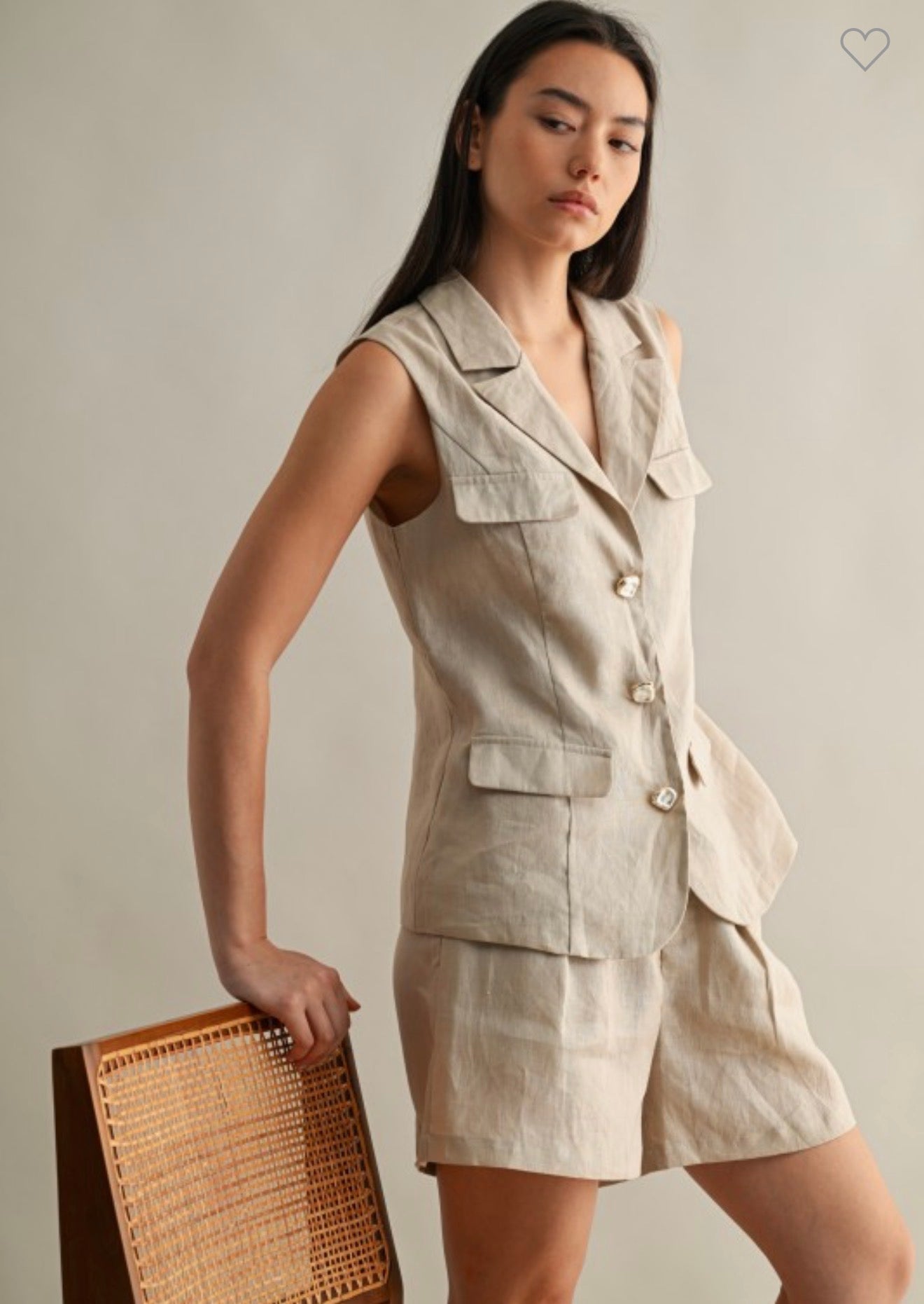 Natural Linen Vest and Shorts Set with Pearl Accent Buttons