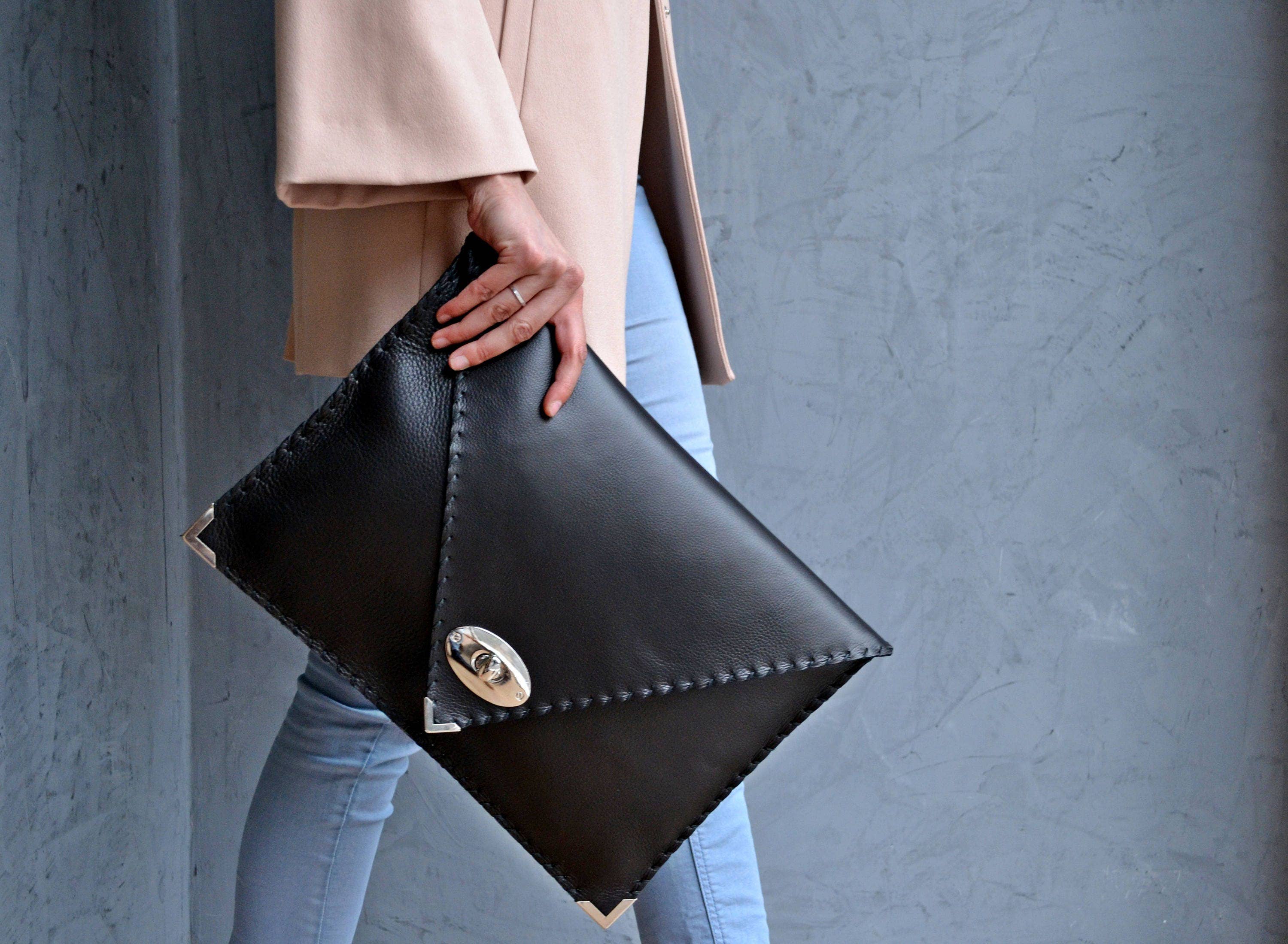 Symmetria Black Large Leather Clutch Bag With Silver Hardware