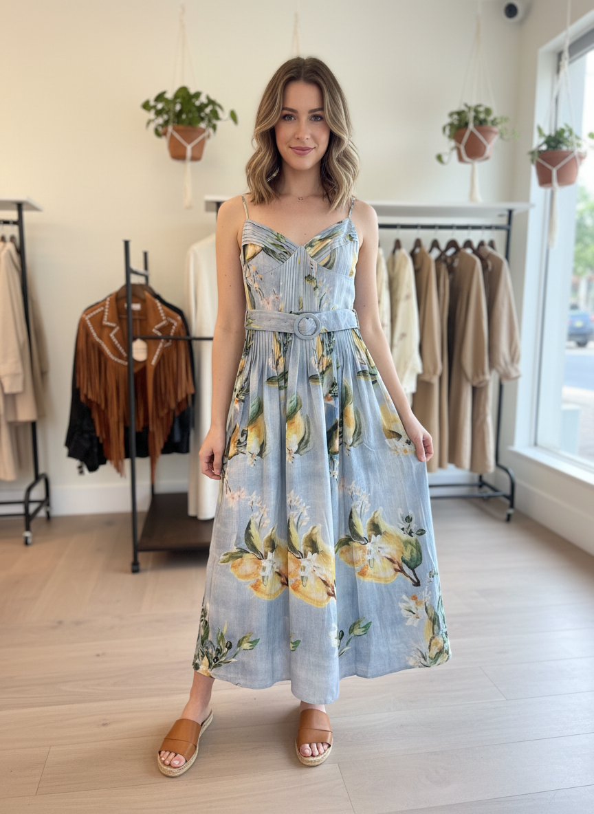 Linen Fower Belted Dress