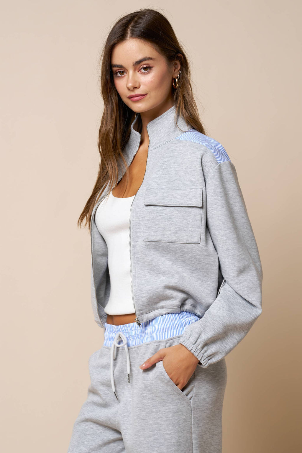 Color Block Zip Up Mock Neck Sweatshirt And Pant Set
