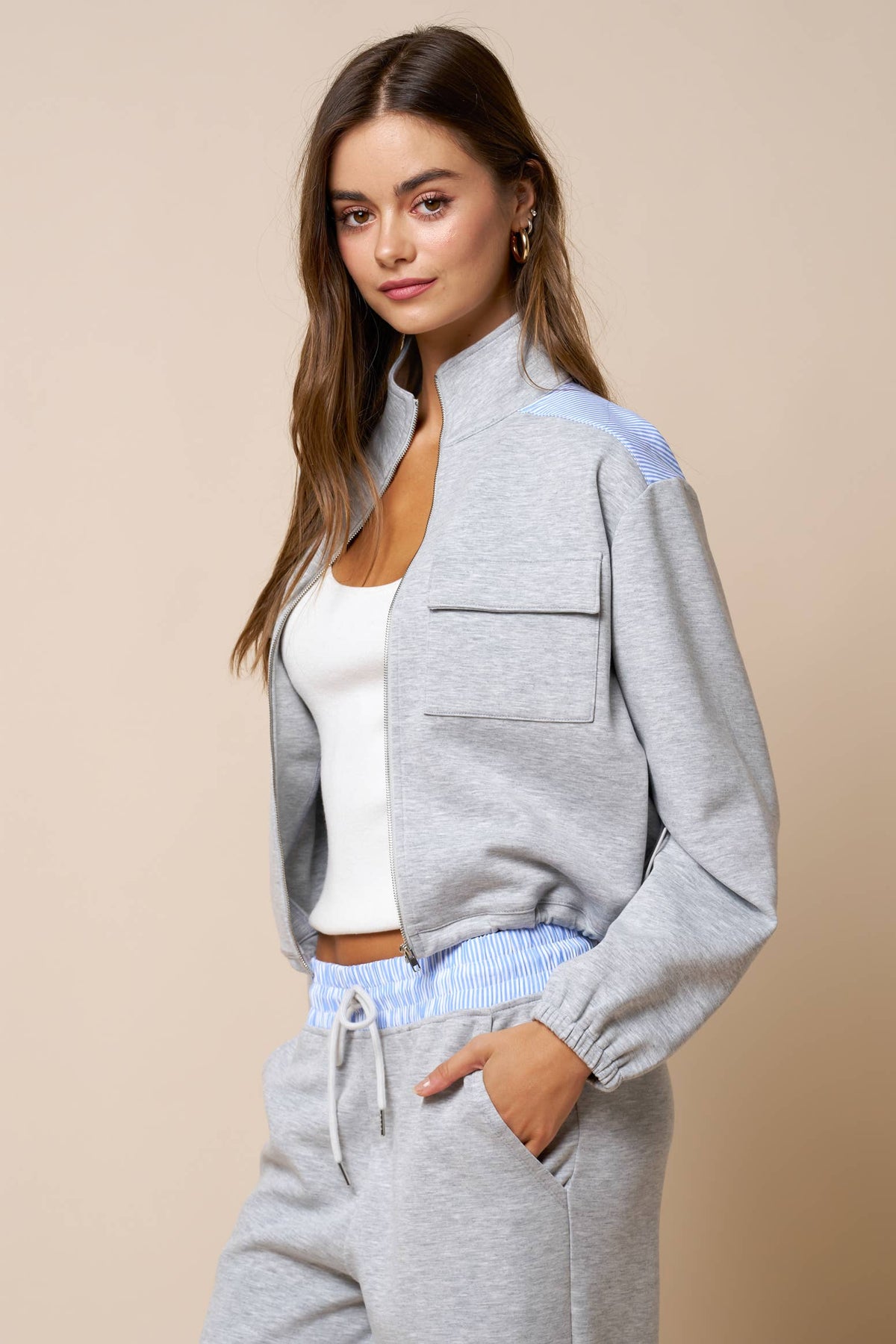 Color Block Zip Up Mock Neck Sweatshirt And Pant Set