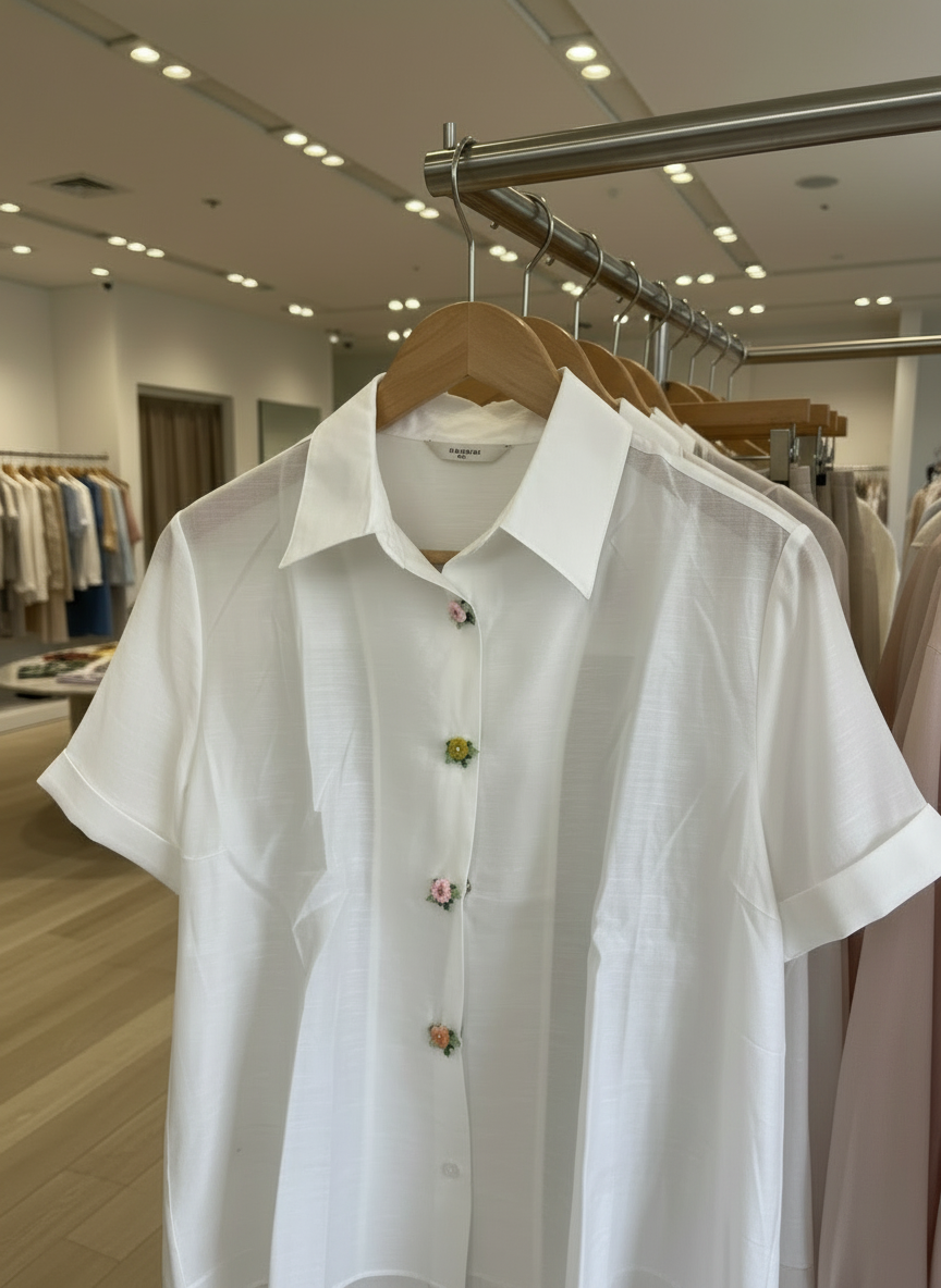 White Linen And Cotton Blend Embellished Button Up Blouse