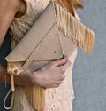 Medusa Clutch In Beige With Silk Fringe And Silver Hardware