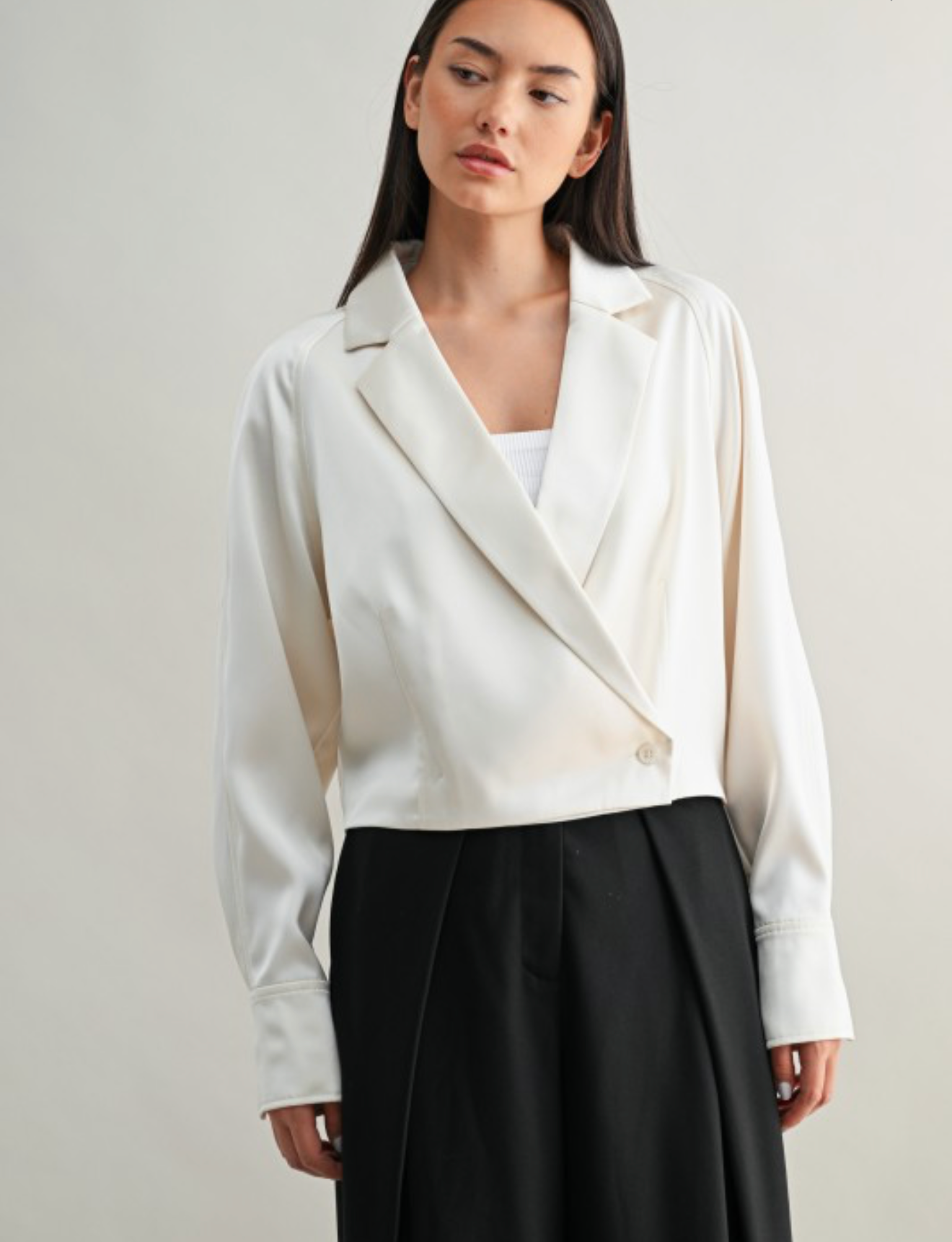 Ecru Satin Cross Body Tuxedo Crop Blouse/Jacket