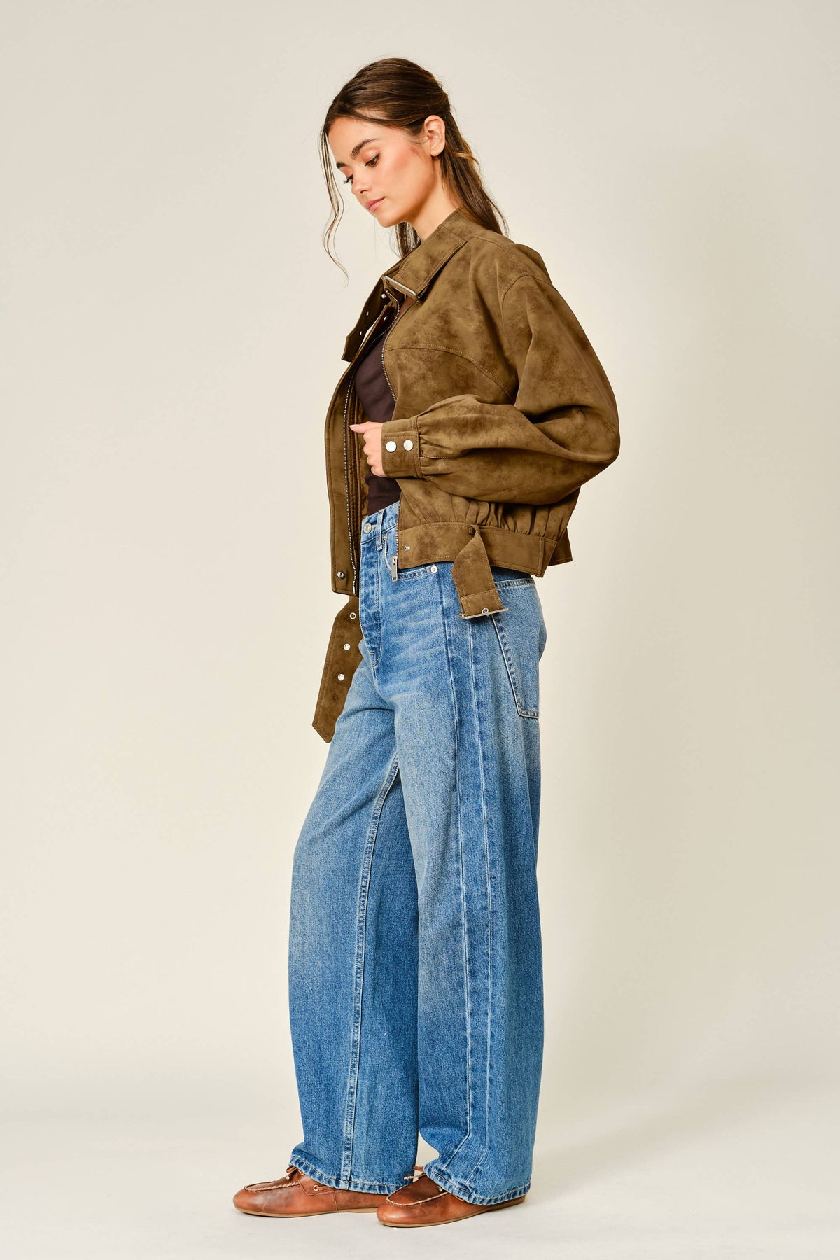 Cognac Vintage Leather Belted Bomber