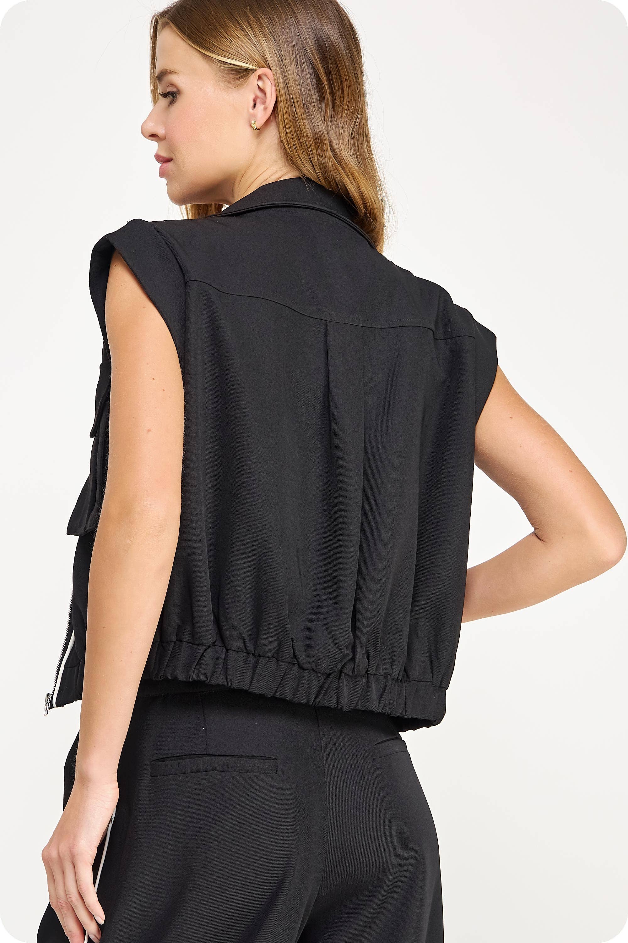 Mock Neck Rolled Up Sleeve Piping Detail Vest And Pant Set