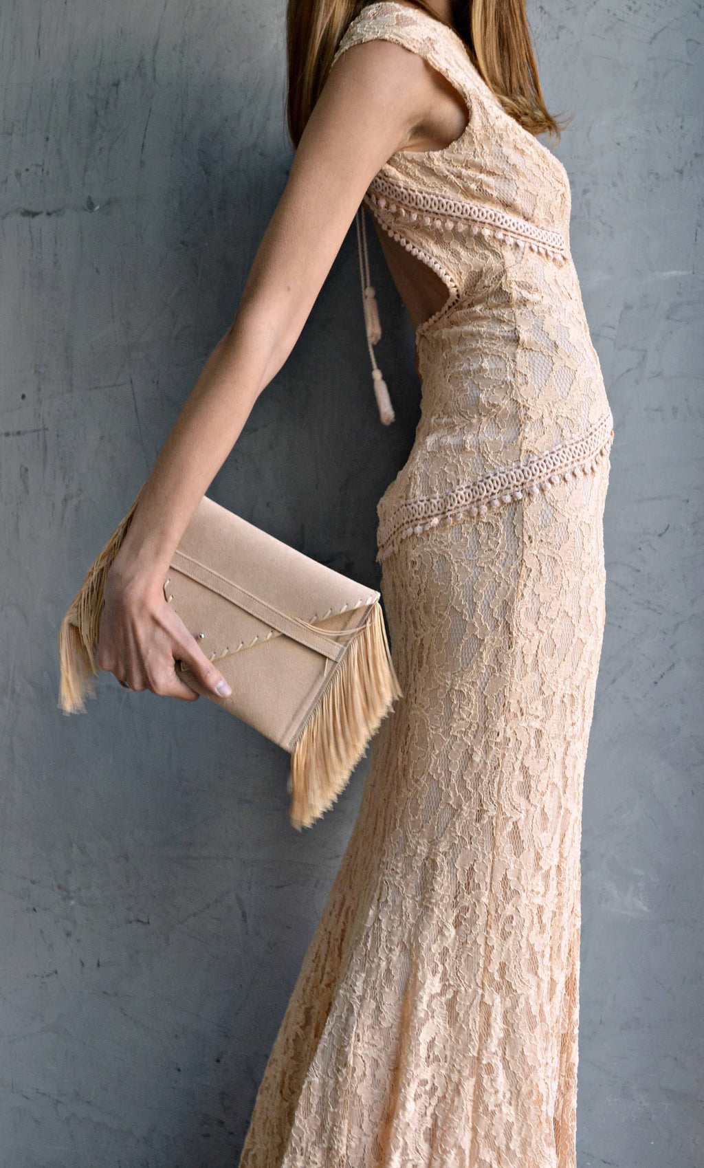 Medusa Clutch In Beige With Silk Fringe And Silver Hardware