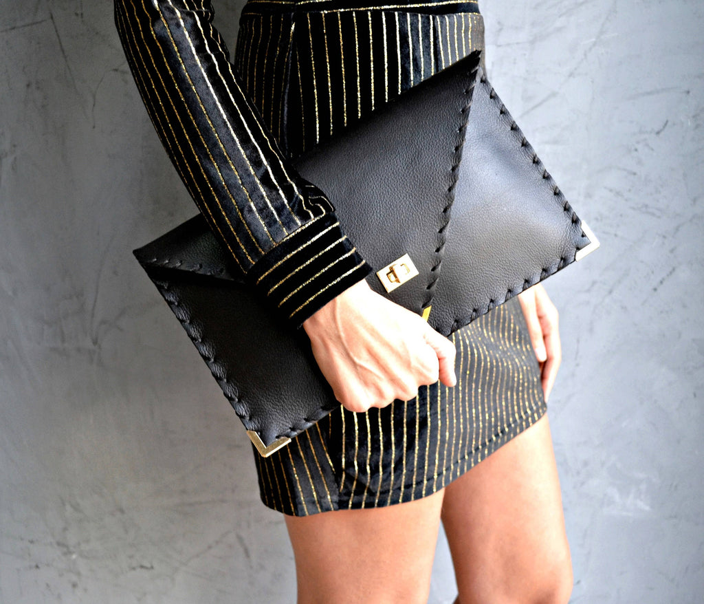Symmetria Black Large Leather Clutch Bag With Silver Hardware