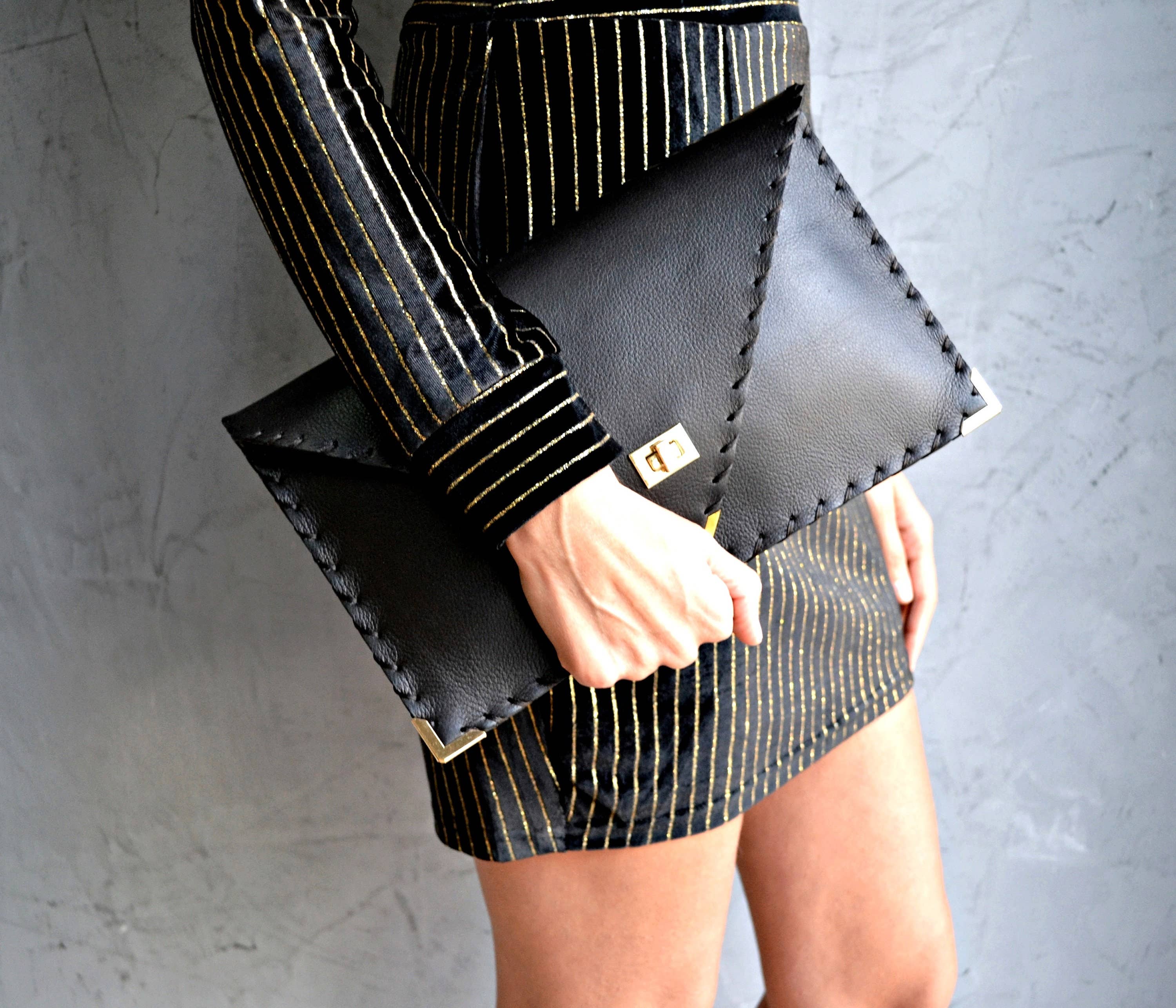 Symmetria Black Large Leather Clutch Bag With Silver Hardware