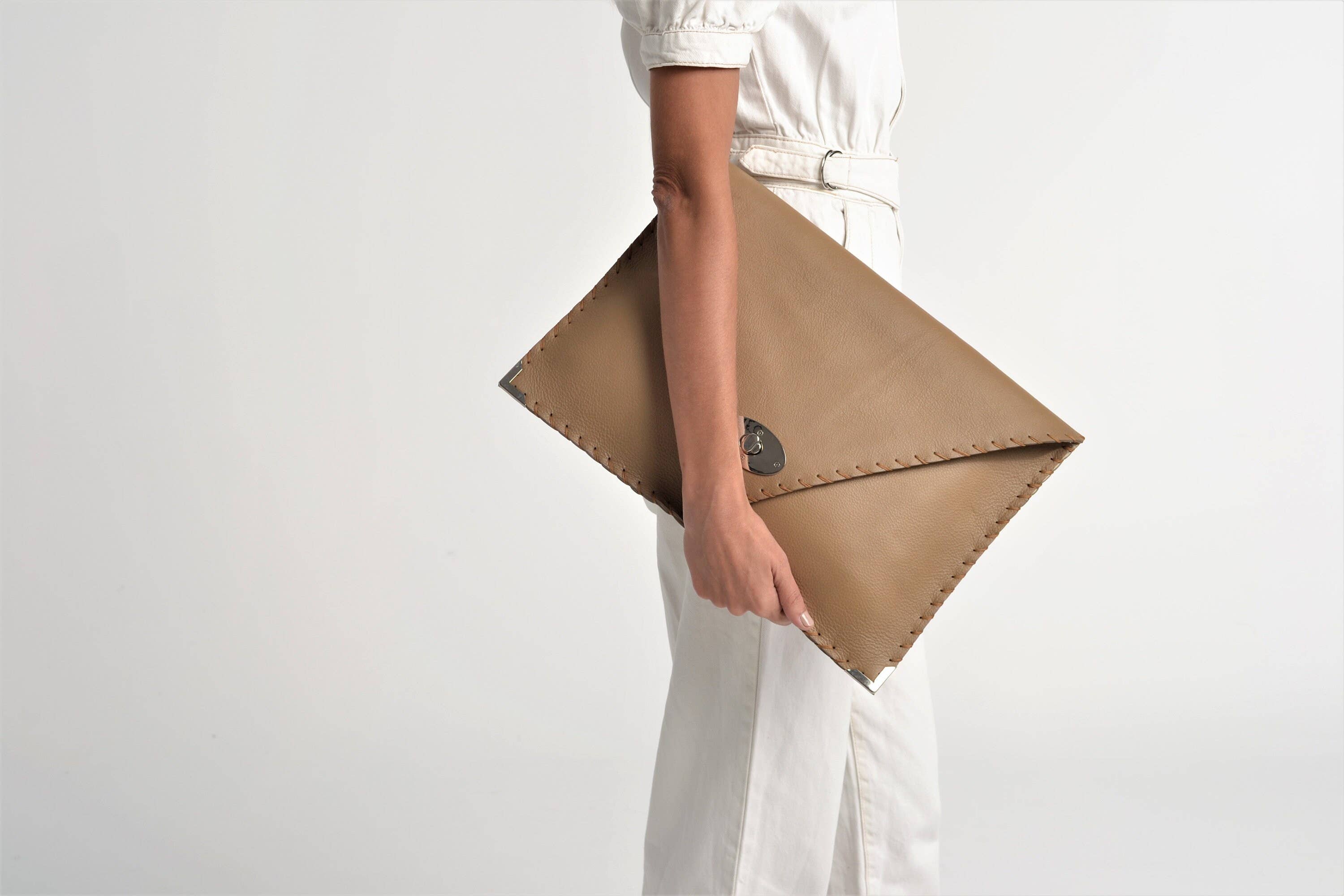 Symmetria Large Leather Clutch In Tan And Silver