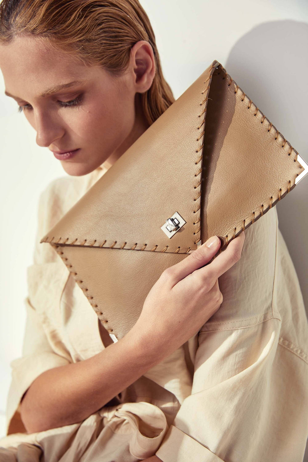 Symmetria Large Leather Clutch In Tan And Silver