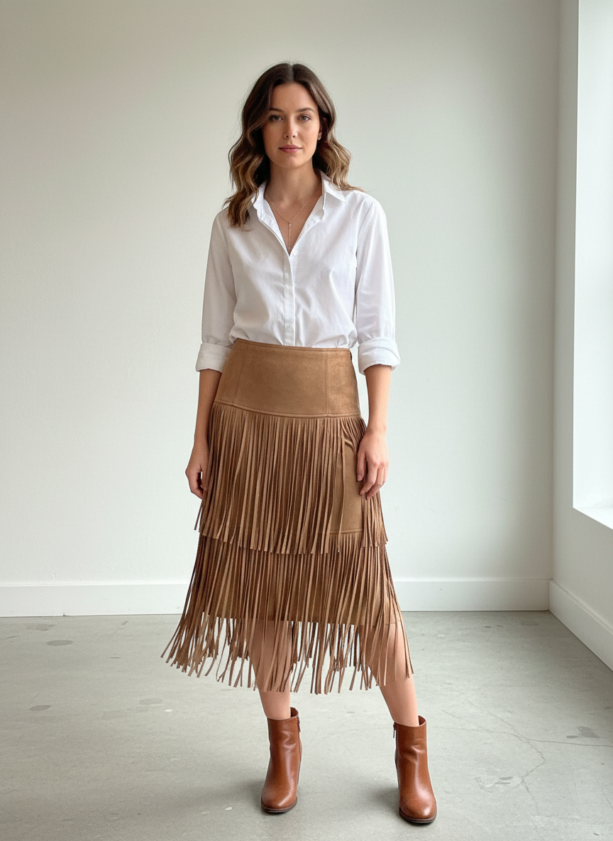 Fringe Tan Faux Suede Skirt
