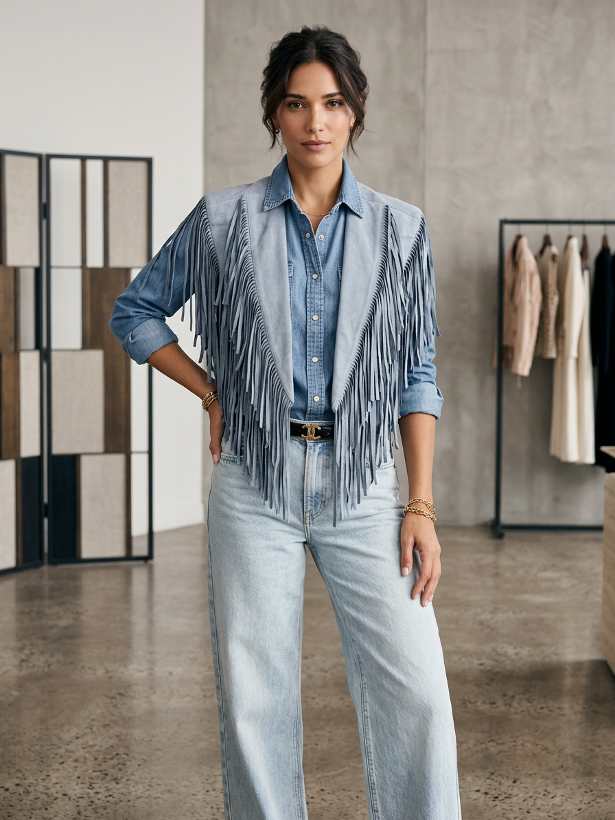 Denim Blue Western Fringe Suede Collar Shawl