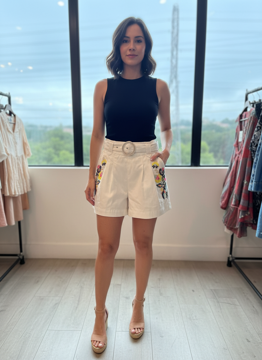 White Sequin Belted Shorts