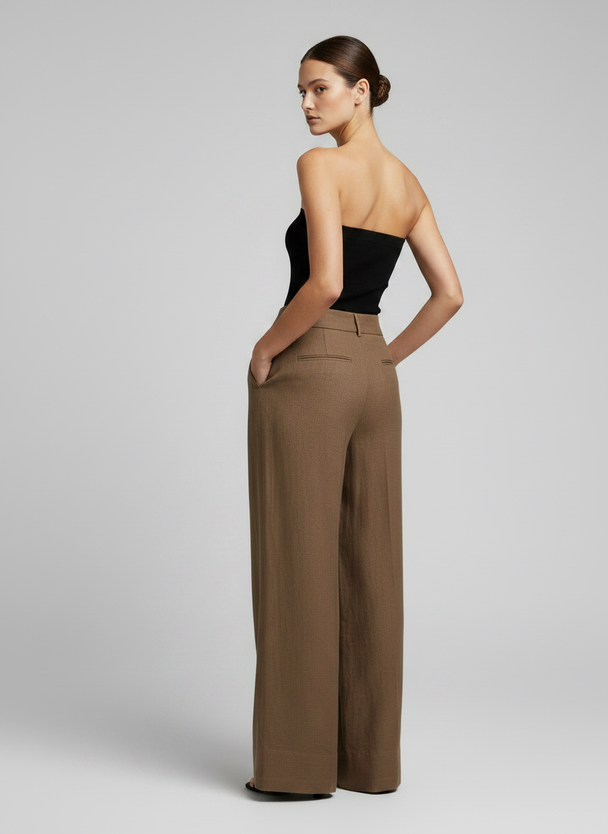 Mocha Linen Wide Leg Flip Waist Band
