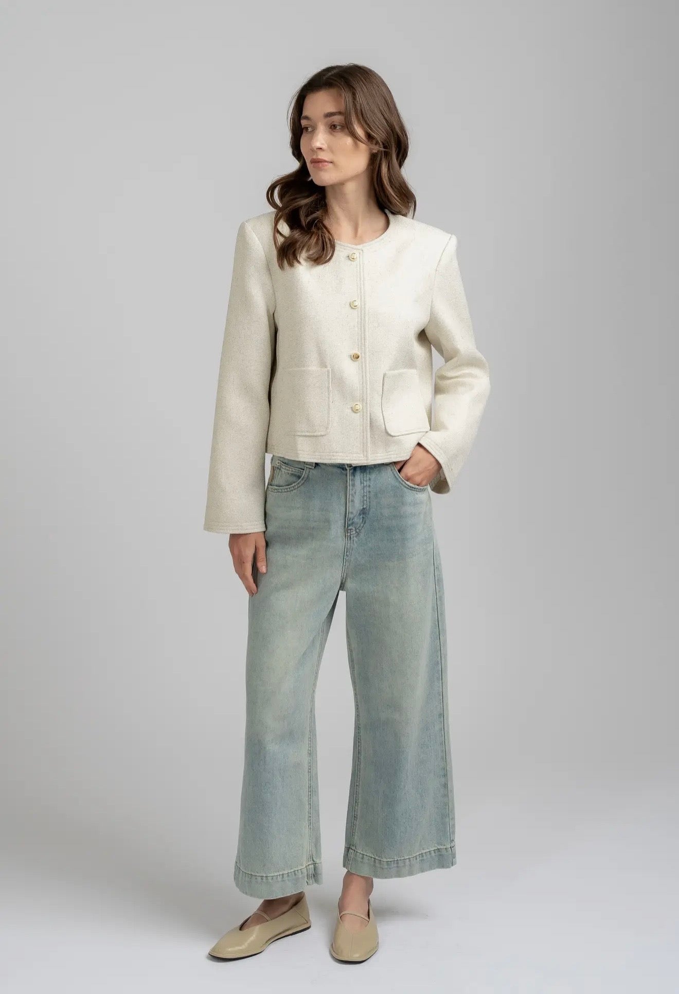 White Cotton and Linen Blend Statement Button Crop Blazer