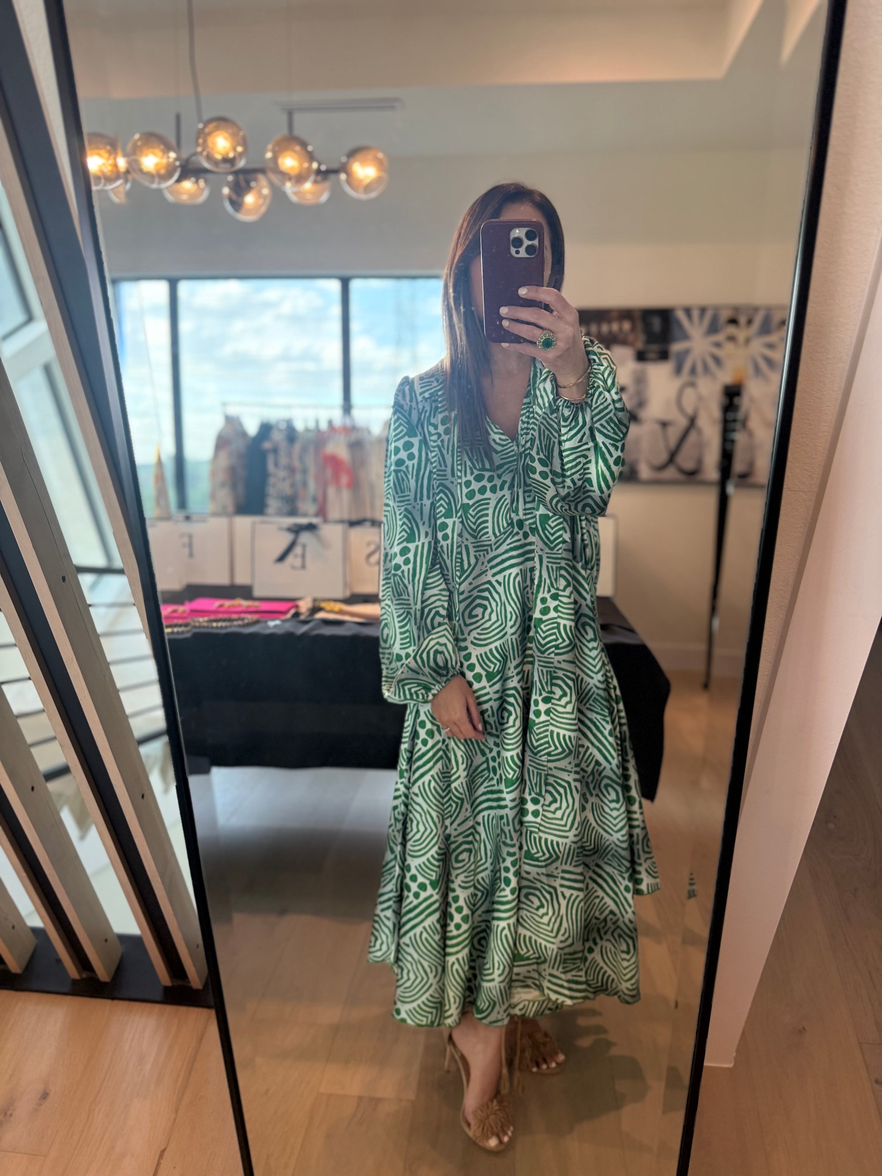 Green and Light Blue Balloon Sleeve Dress