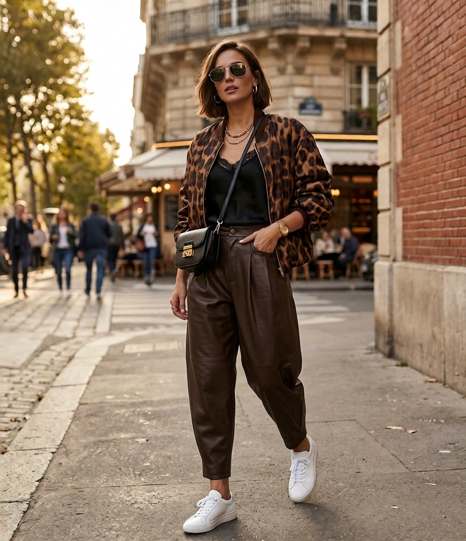 Oversize Leopard Silk Print Bomber Jacket