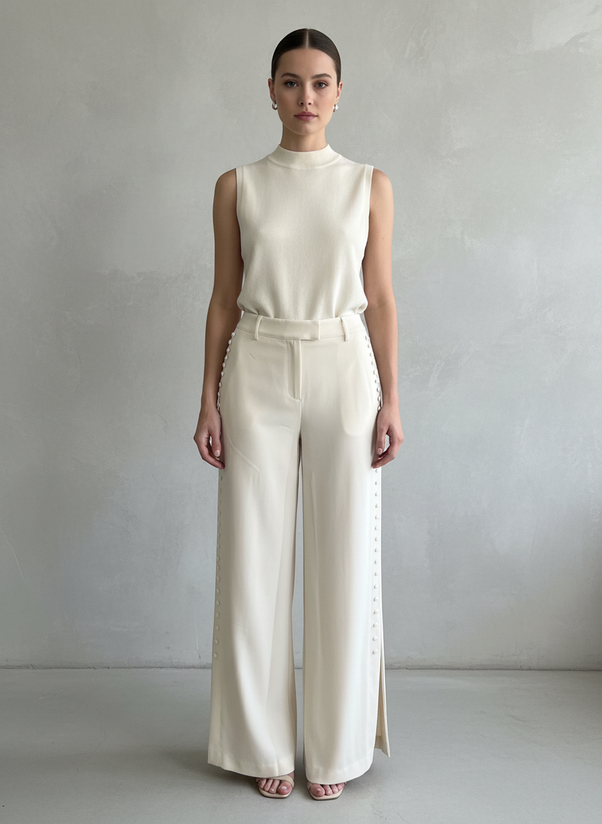 Ivory Button Down Side Pleat Wide Leg Trousers