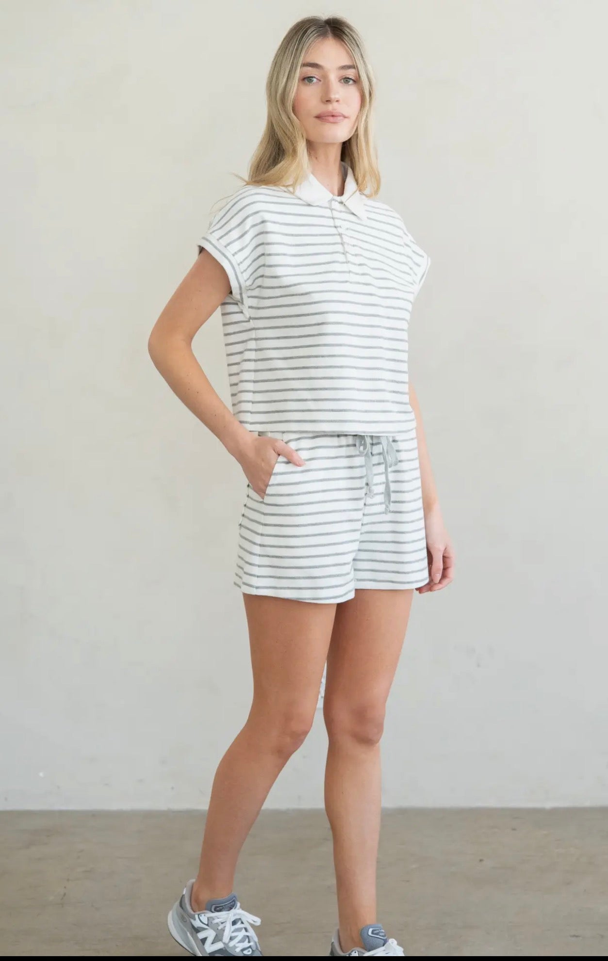 Cap Sleeve White and Grey Striped Short Set