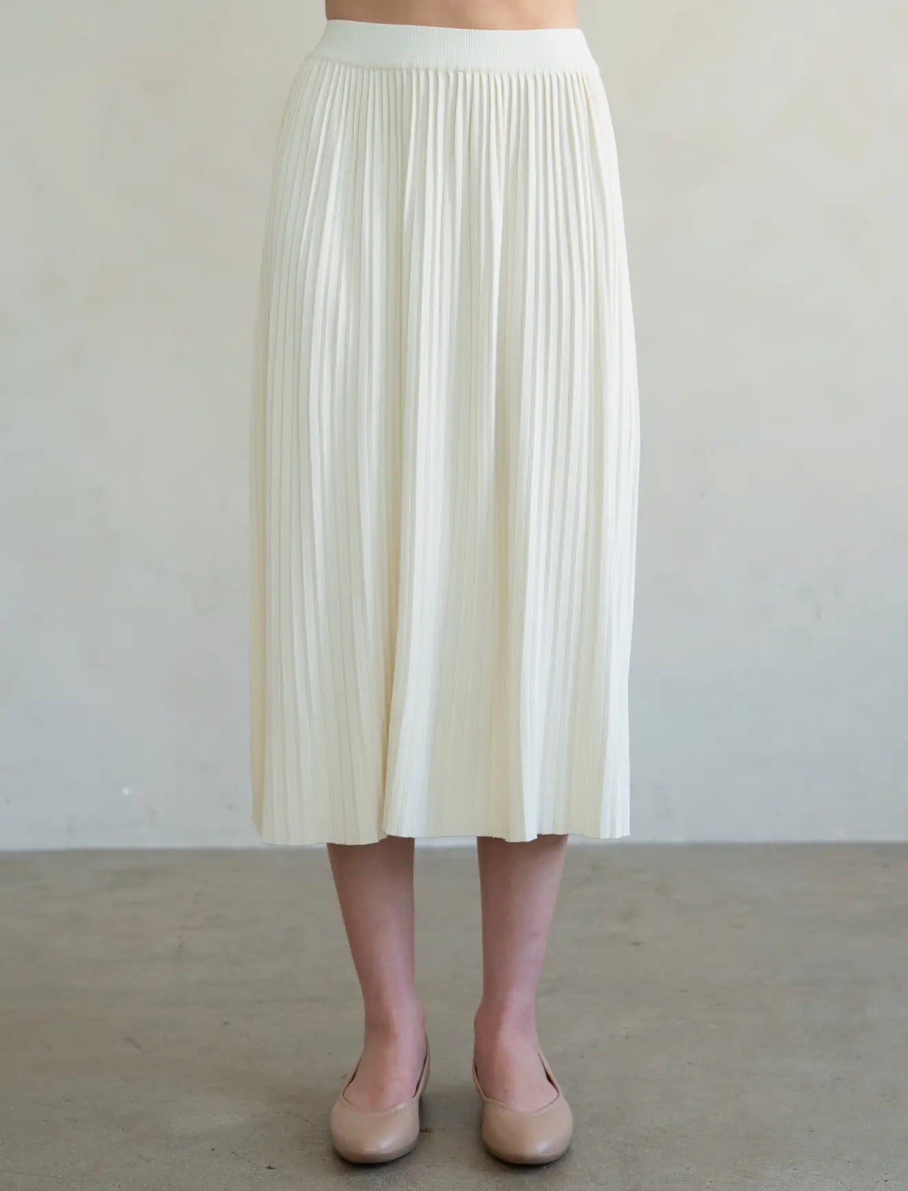 Ivory Knit Pleated Midi Skirt