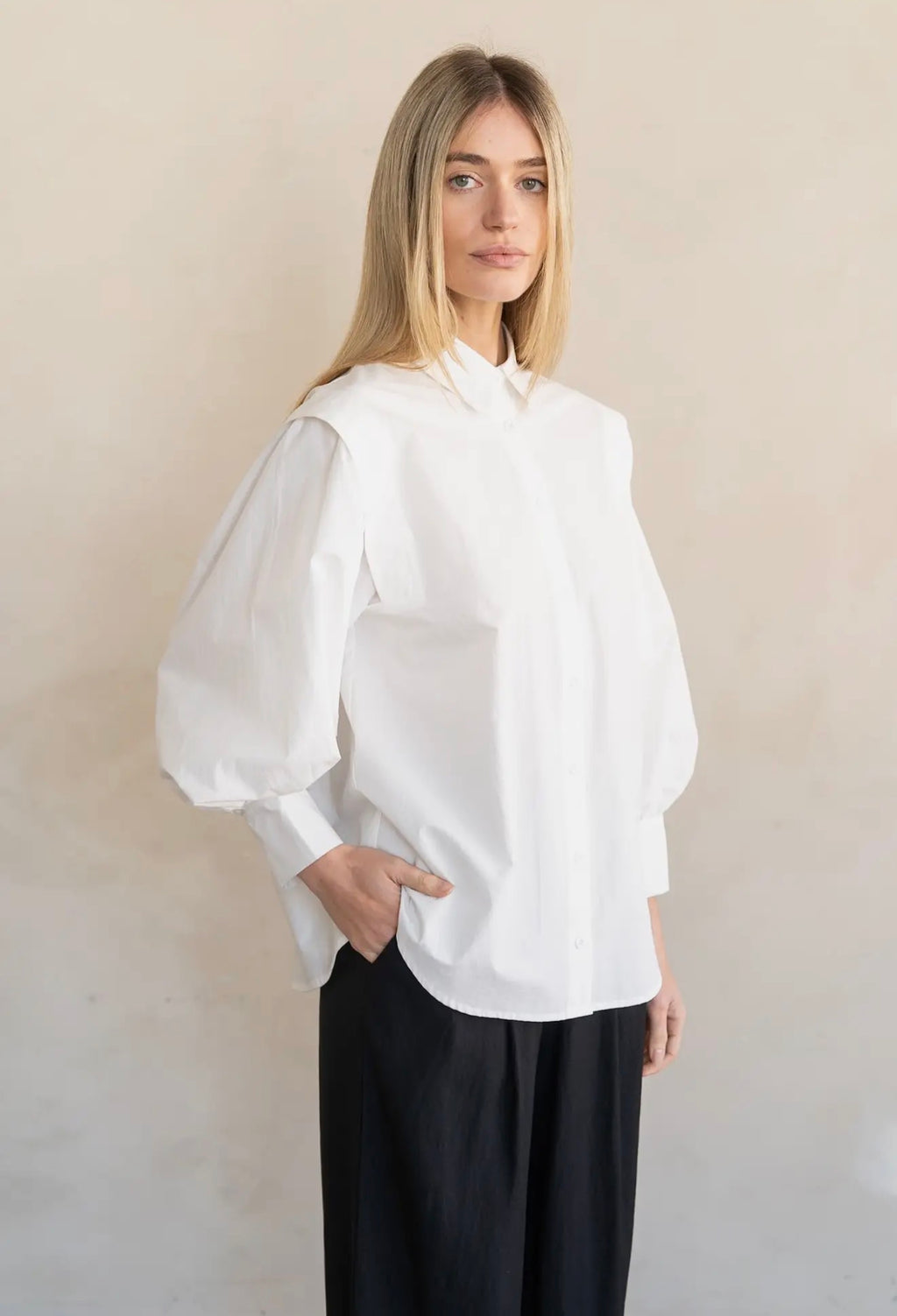 Pleated Shoulder White Blouse