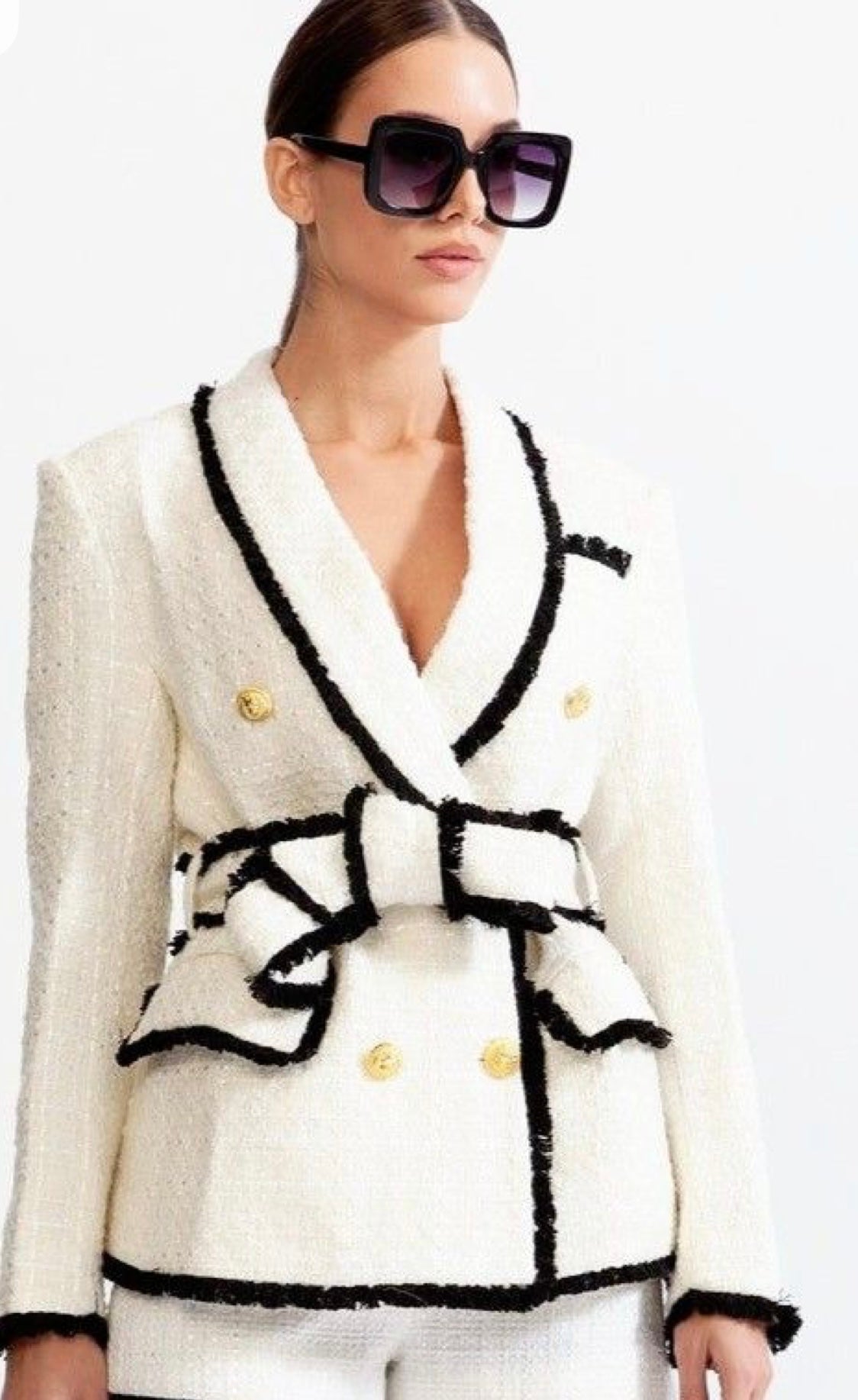 White and Black Tweed Blazer And Short Set