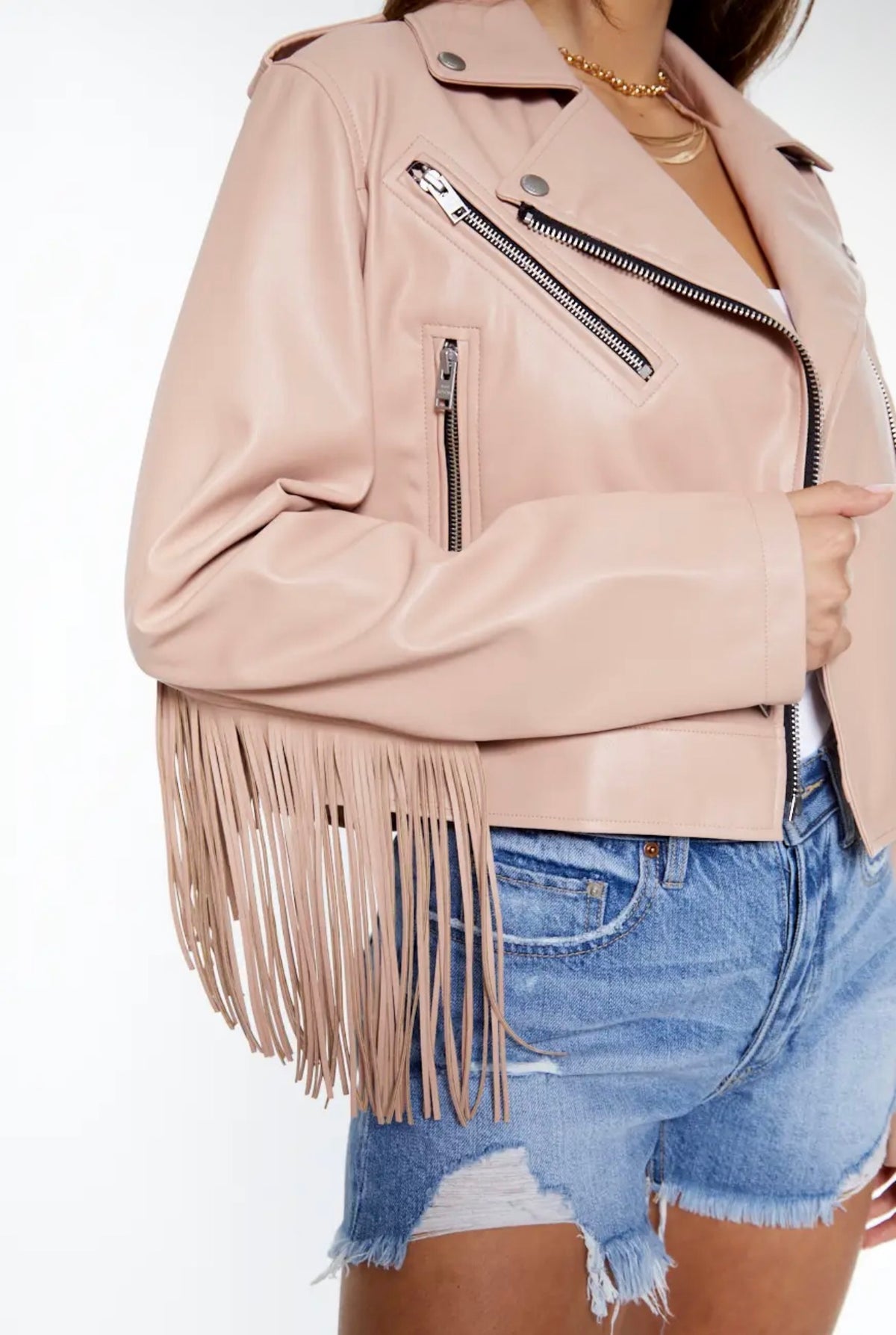 Ivory Soft Faux Leather Fringe Jacket