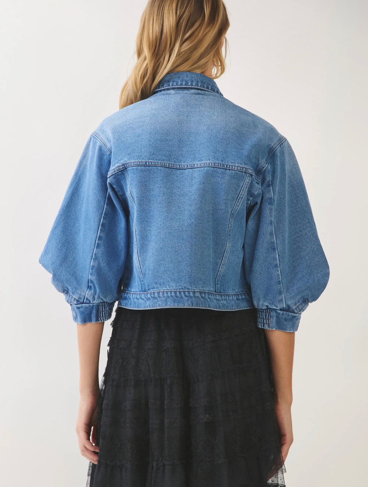 Cropped Denim Puff Sleeve Jacket