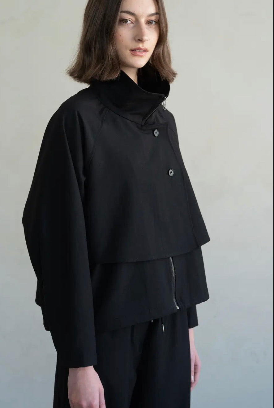 Black High Neck Two-Way Drawstring Jacket
