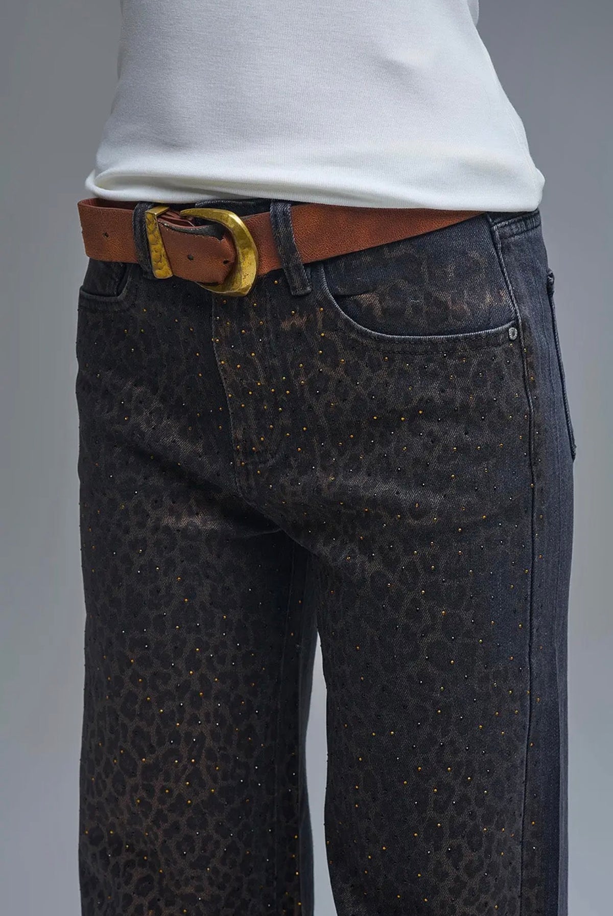 Leopard Studded Wide Leg Jeans