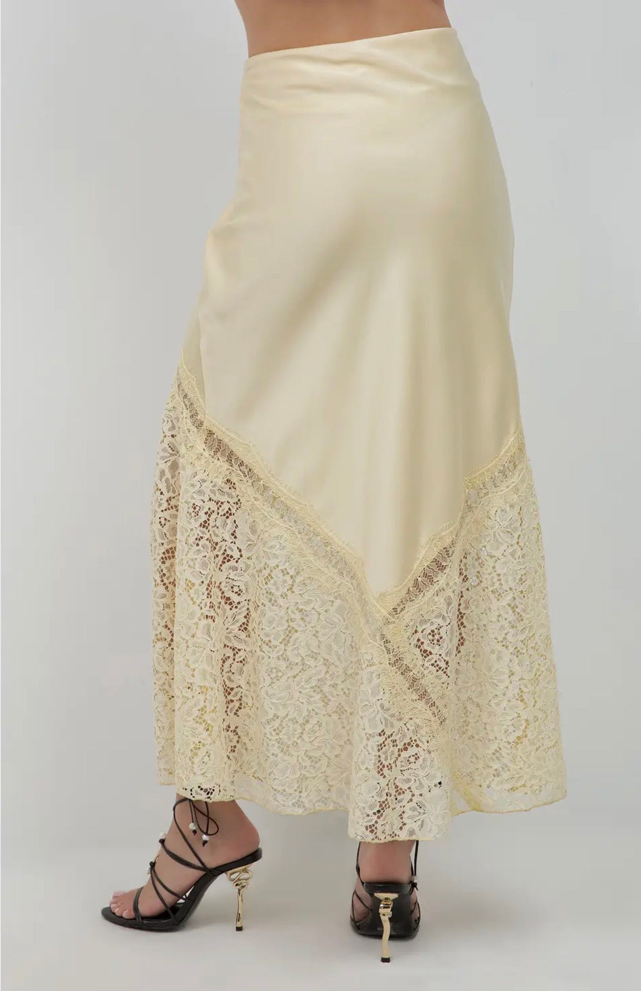 Butter Yellow Lace and Satin Ankle Length Slip Skirt
