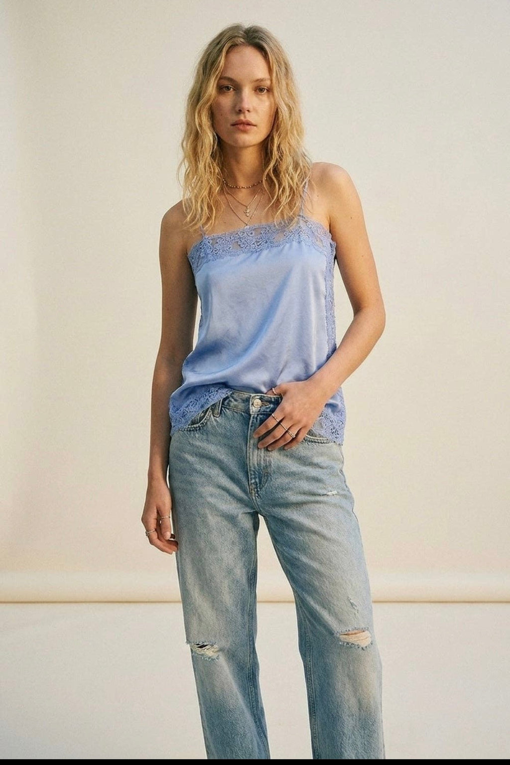 Light Blue Satin Trim Top