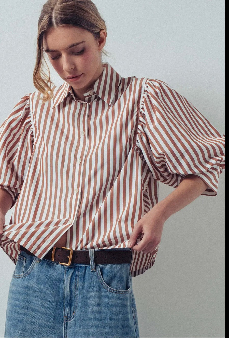Brown Stripe Puff Sleeve Blouse