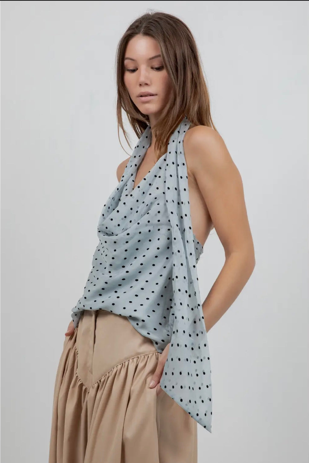 Cowl Necklace Light Blue and Black Polka Dot Halter Top