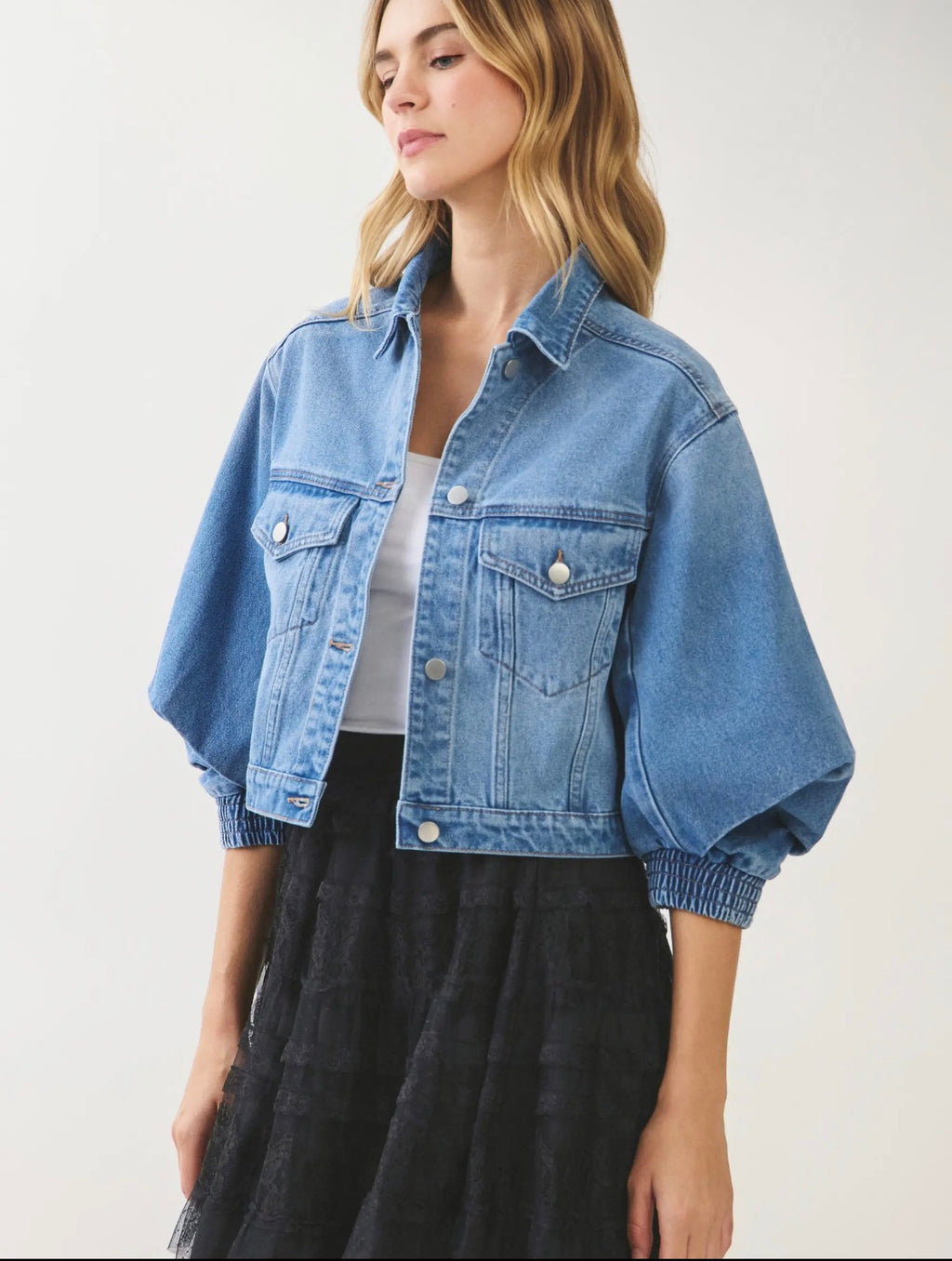 Cropped Denim Puff Sleeve Jacket