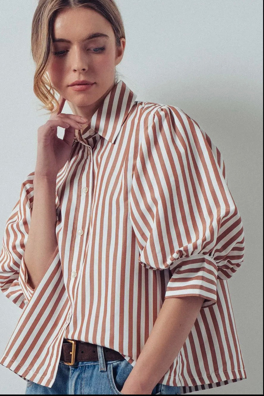 Brown Stripe Puff Sleeve Blouse