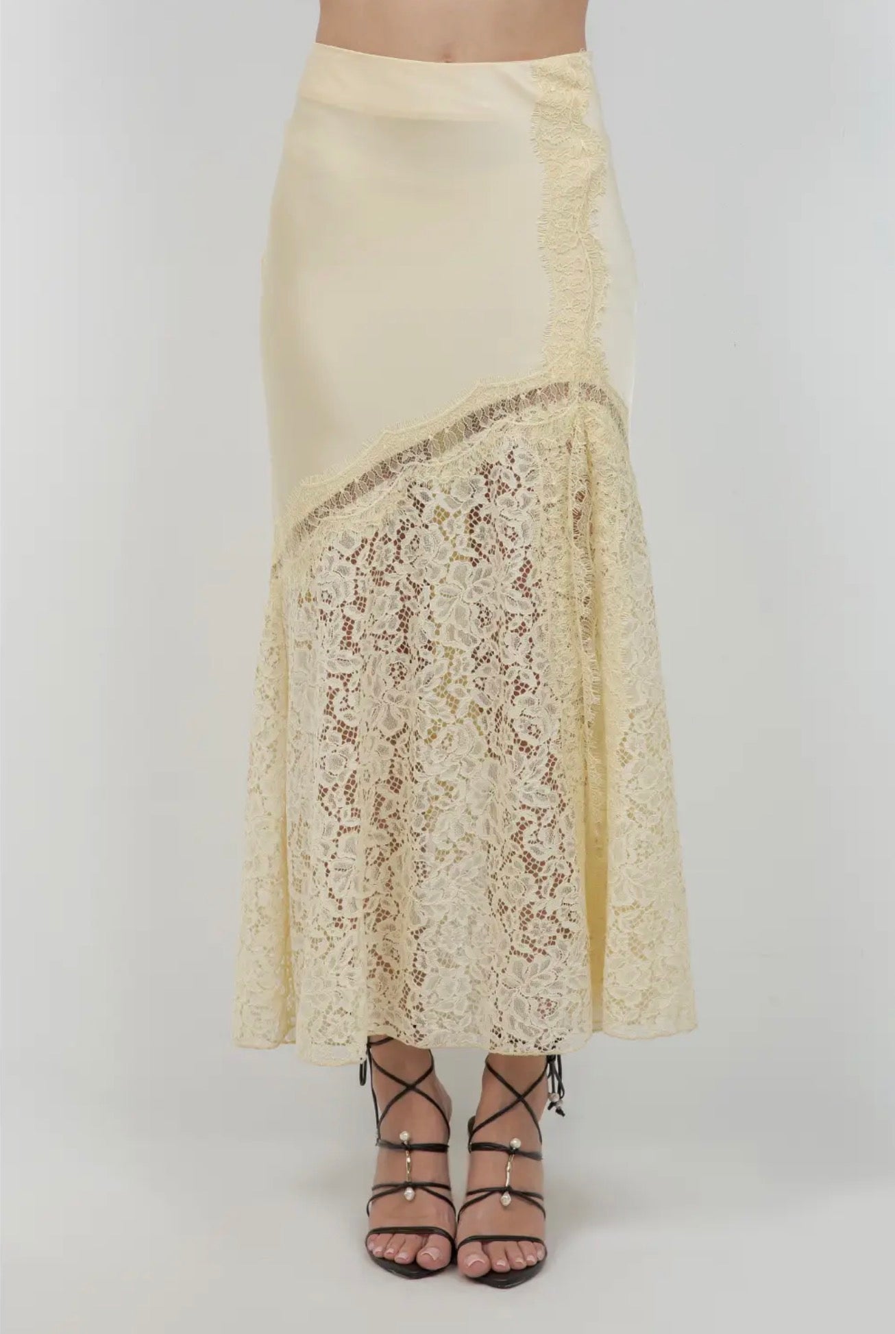 Butter Yellow Lace and Satin Ankle Length Slip Skirt