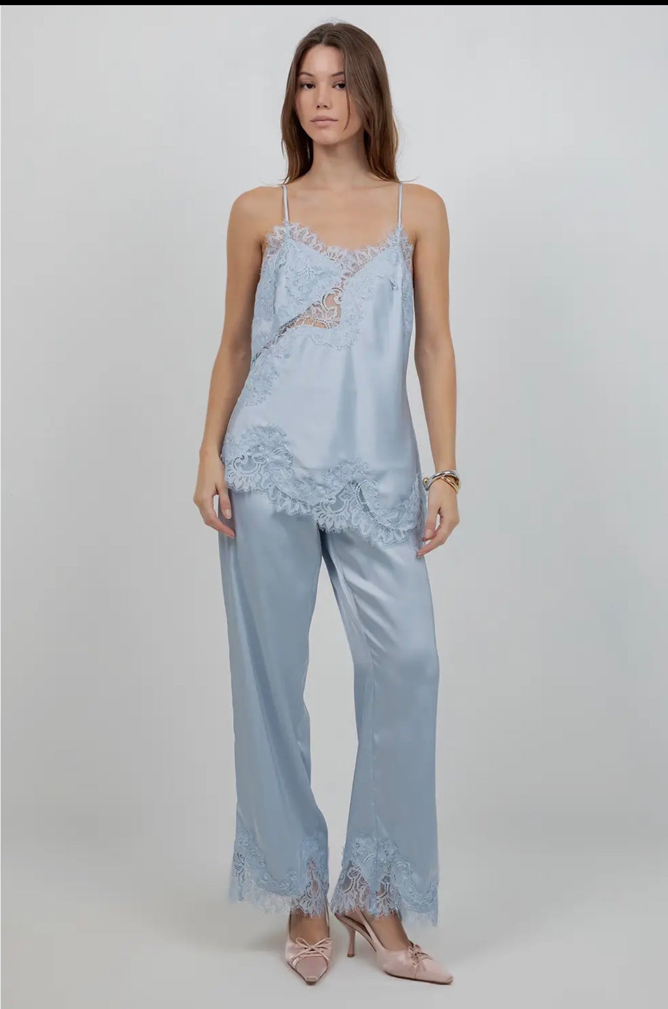Ice Blue Asymmetrical Satin and Lace Top