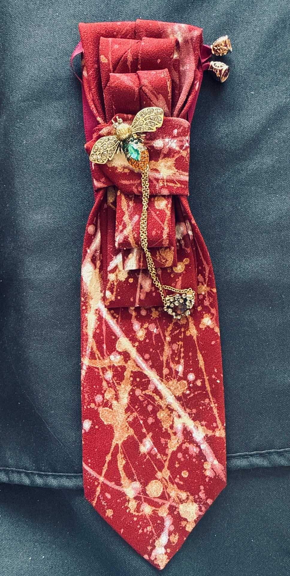 Womens Red and Gold Hand Painted Women’s Tie With Accent Broche Designed By Zuluz Atelier