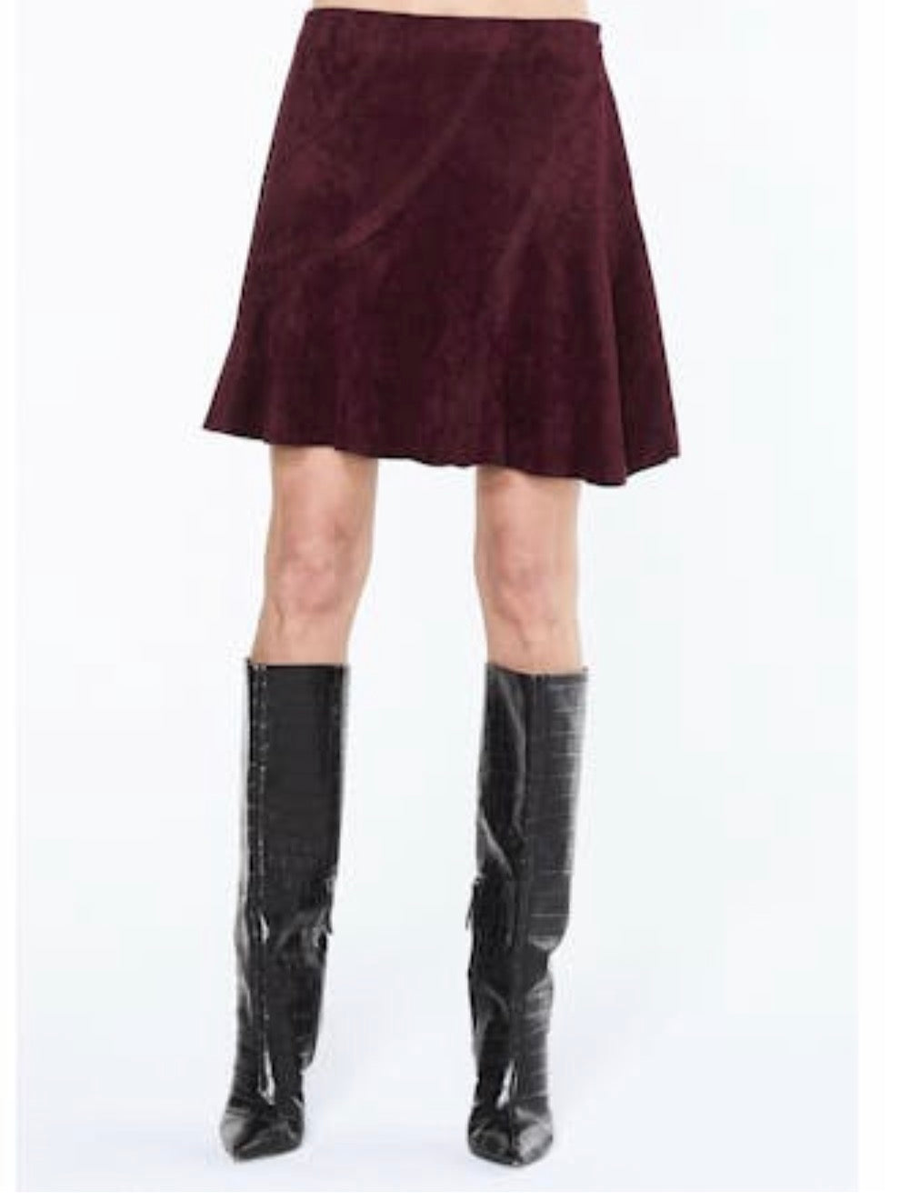 Faux Suede Bubble Hem Jacket and Paneled Skirt Merlot Set