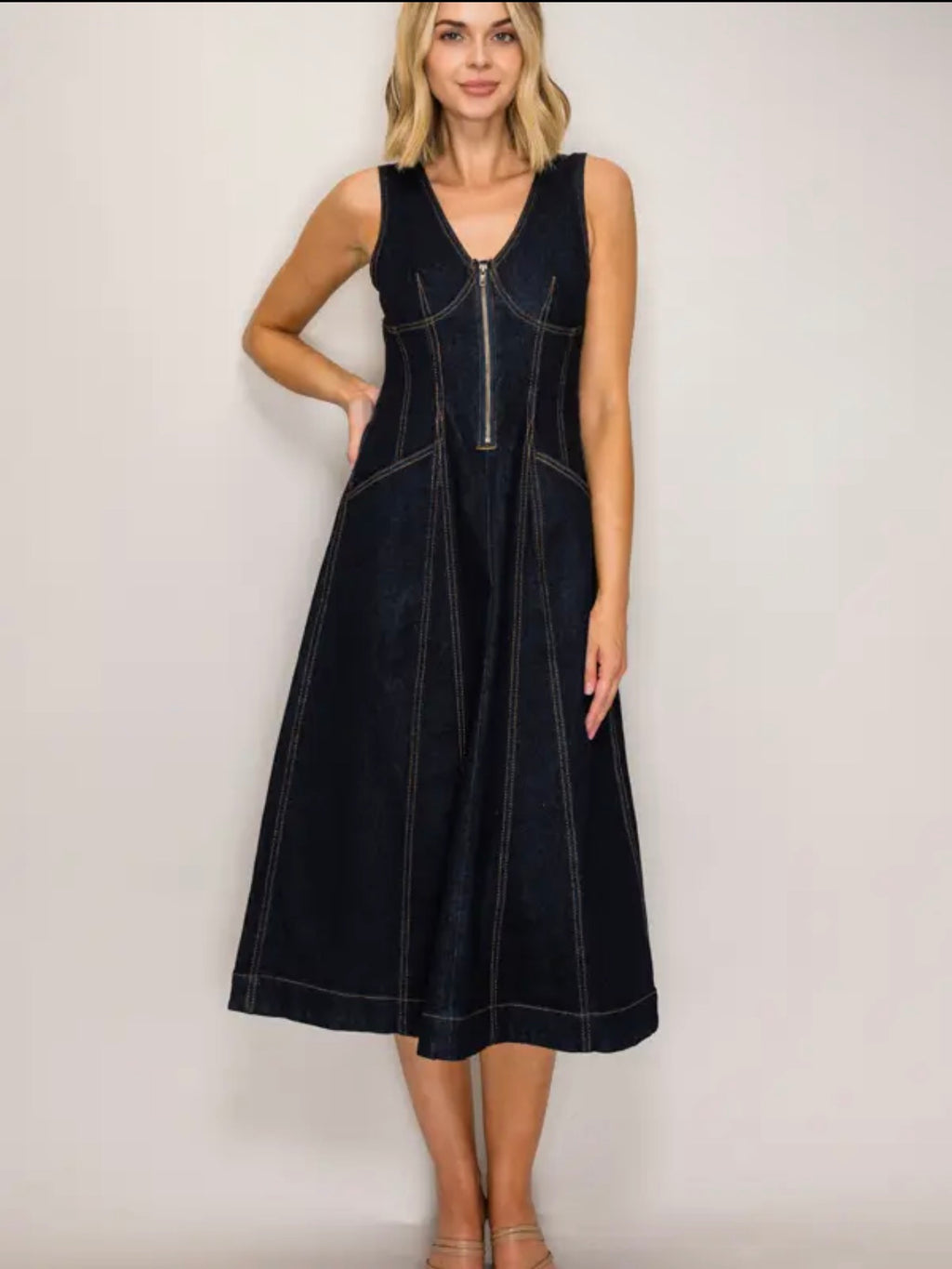 Indigo Denim Midi Zipper Dress