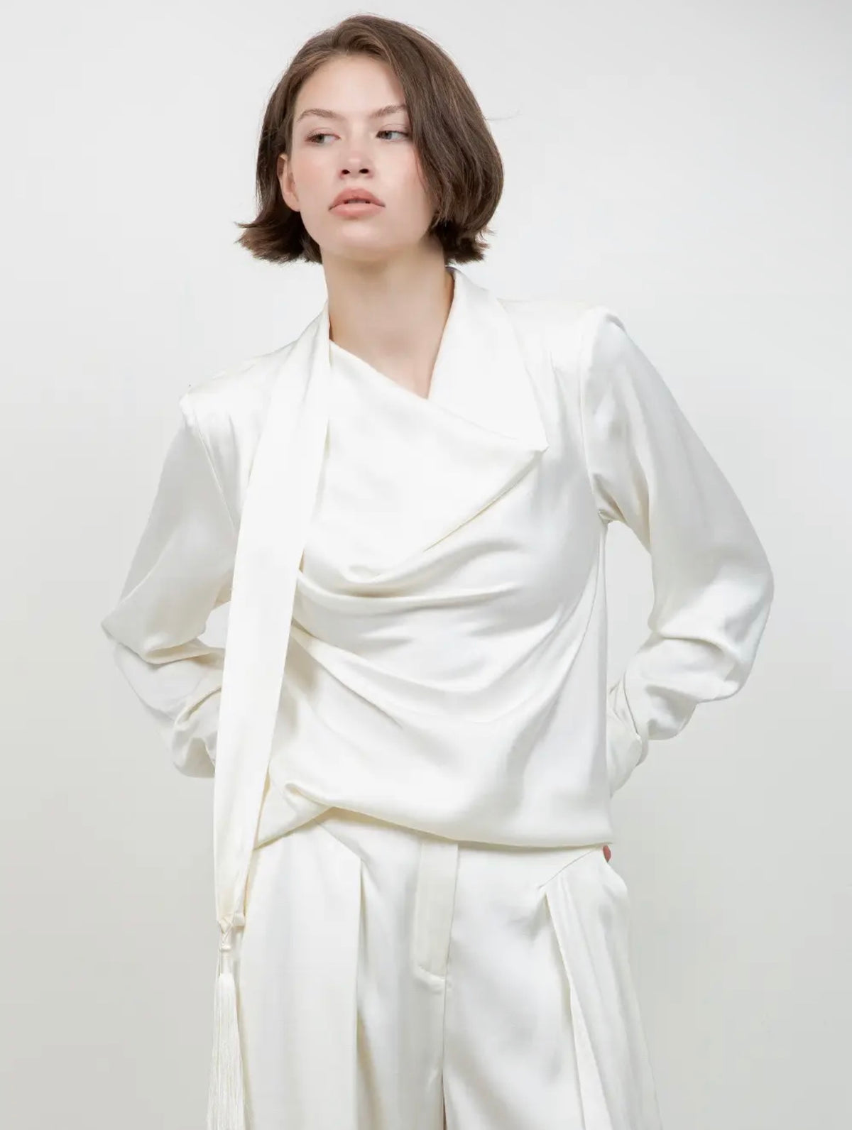 Silk Long Sleeve Top With Scarf Tassel