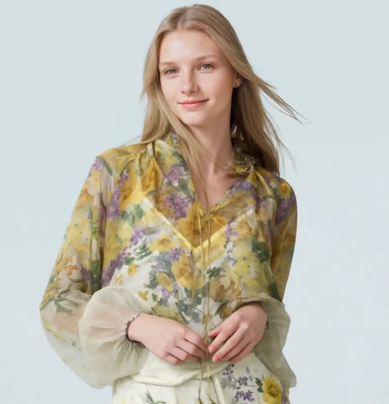 Sheer Floral V-Neck Blouse